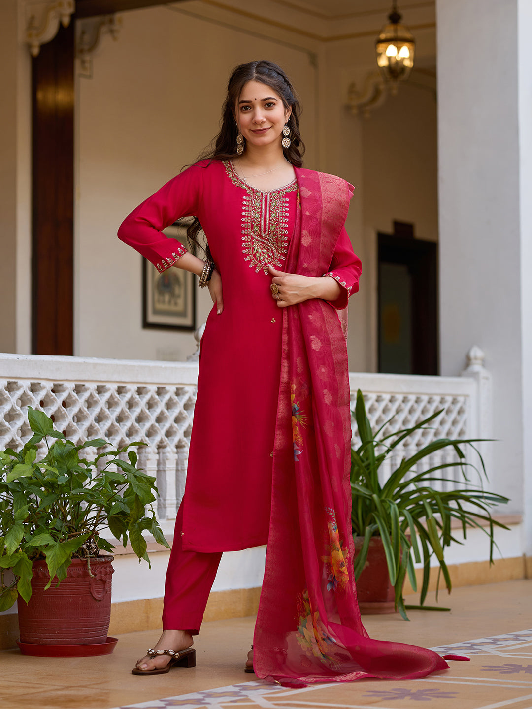 Maroon Premium Viscose Chandari Embroidered Kurta Set with Dupatta
