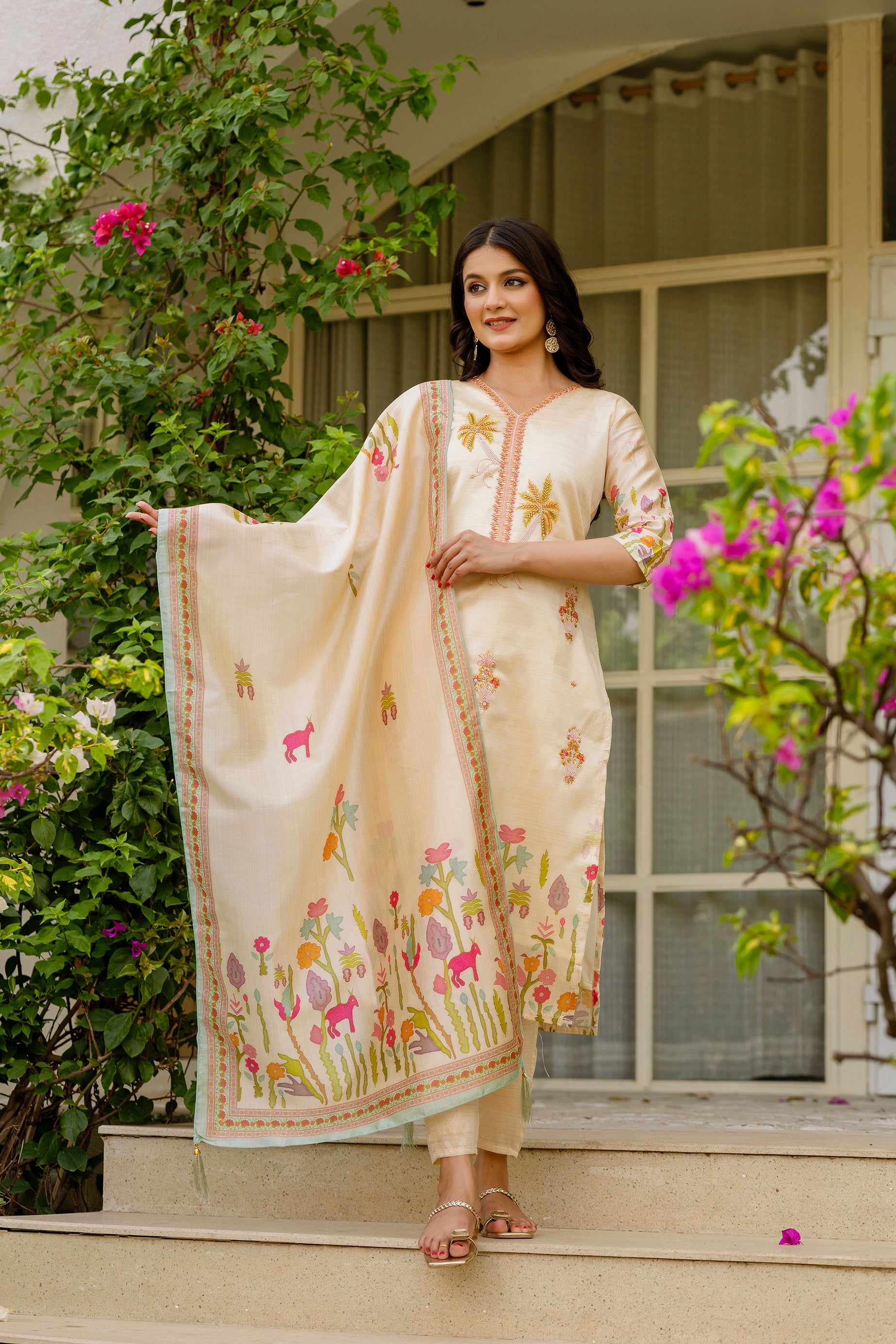 Off White Premium Viscose Assam Silk Embroidered Kurta Set with Dupatta