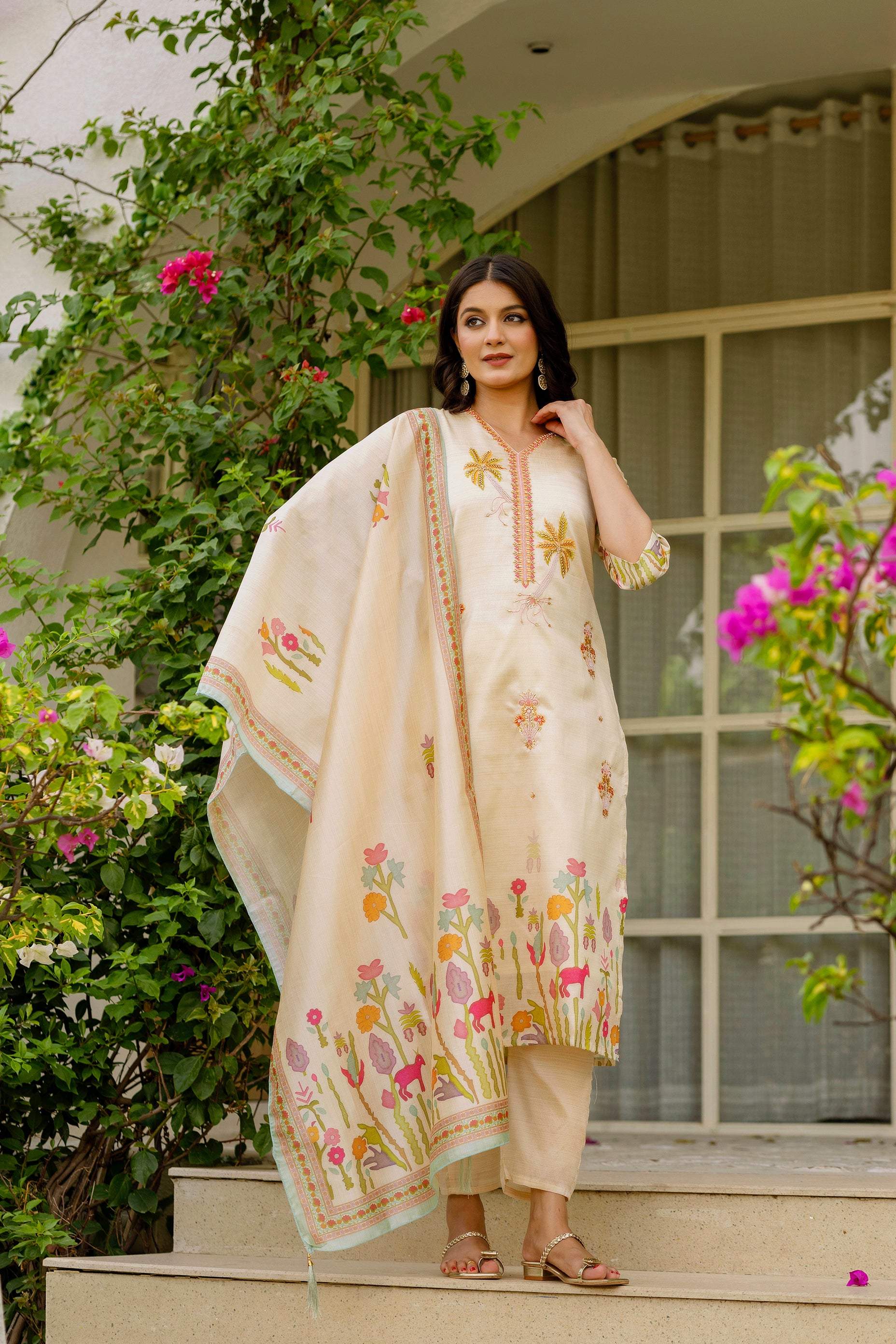 Off White Premium Viscose Assam Silk Embroidered Kurta Set with Dupatta