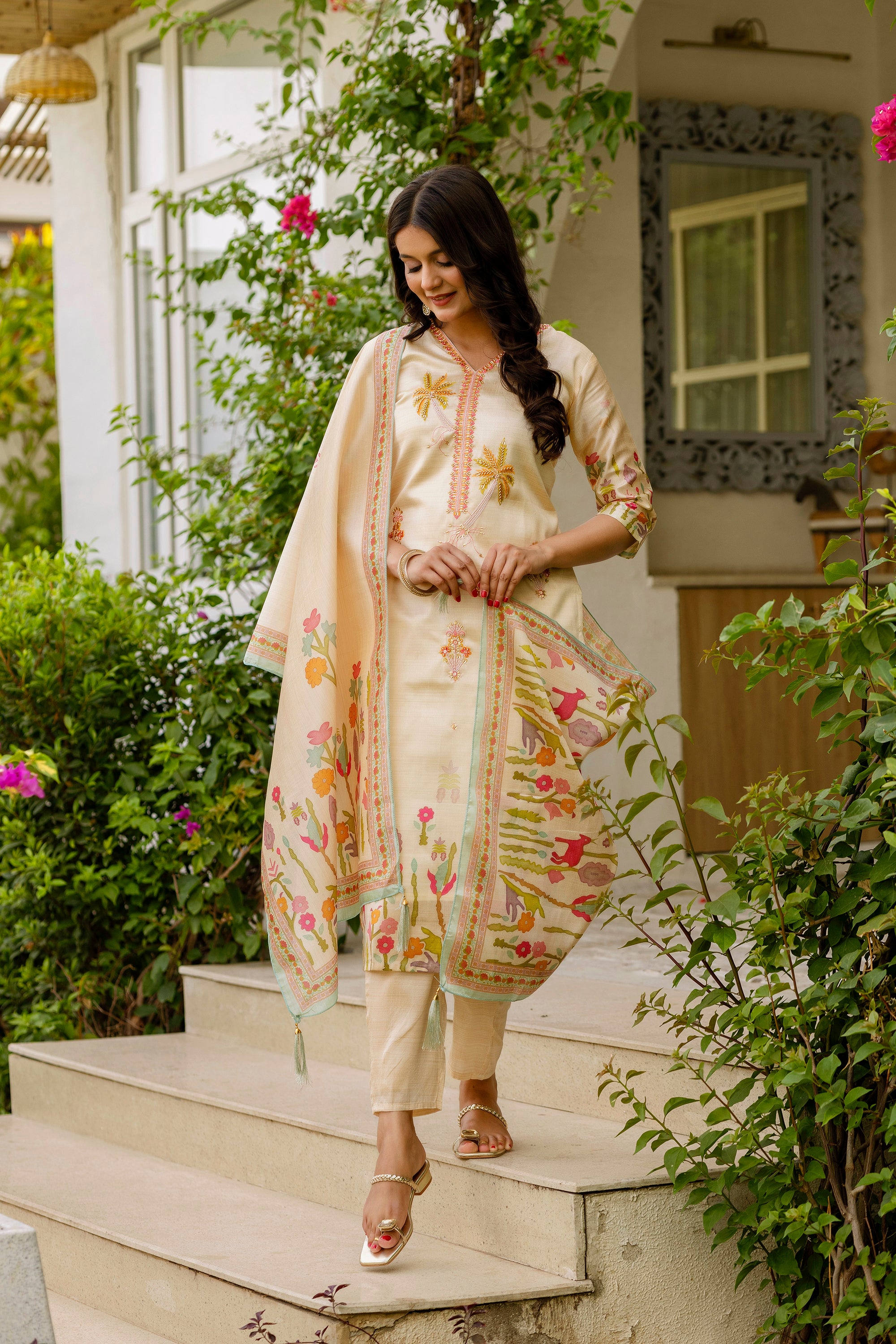 Off White Premium Viscose Assam Silk Embroidered Kurta Set with Dupatta