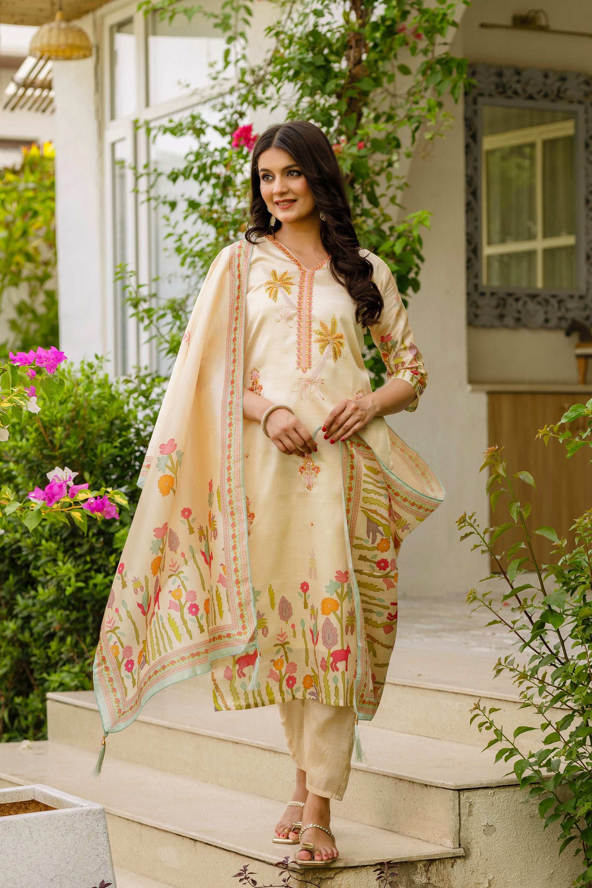 Off White Premium Viscose Assam Silk Embroidered Kurta Set with Dupatta