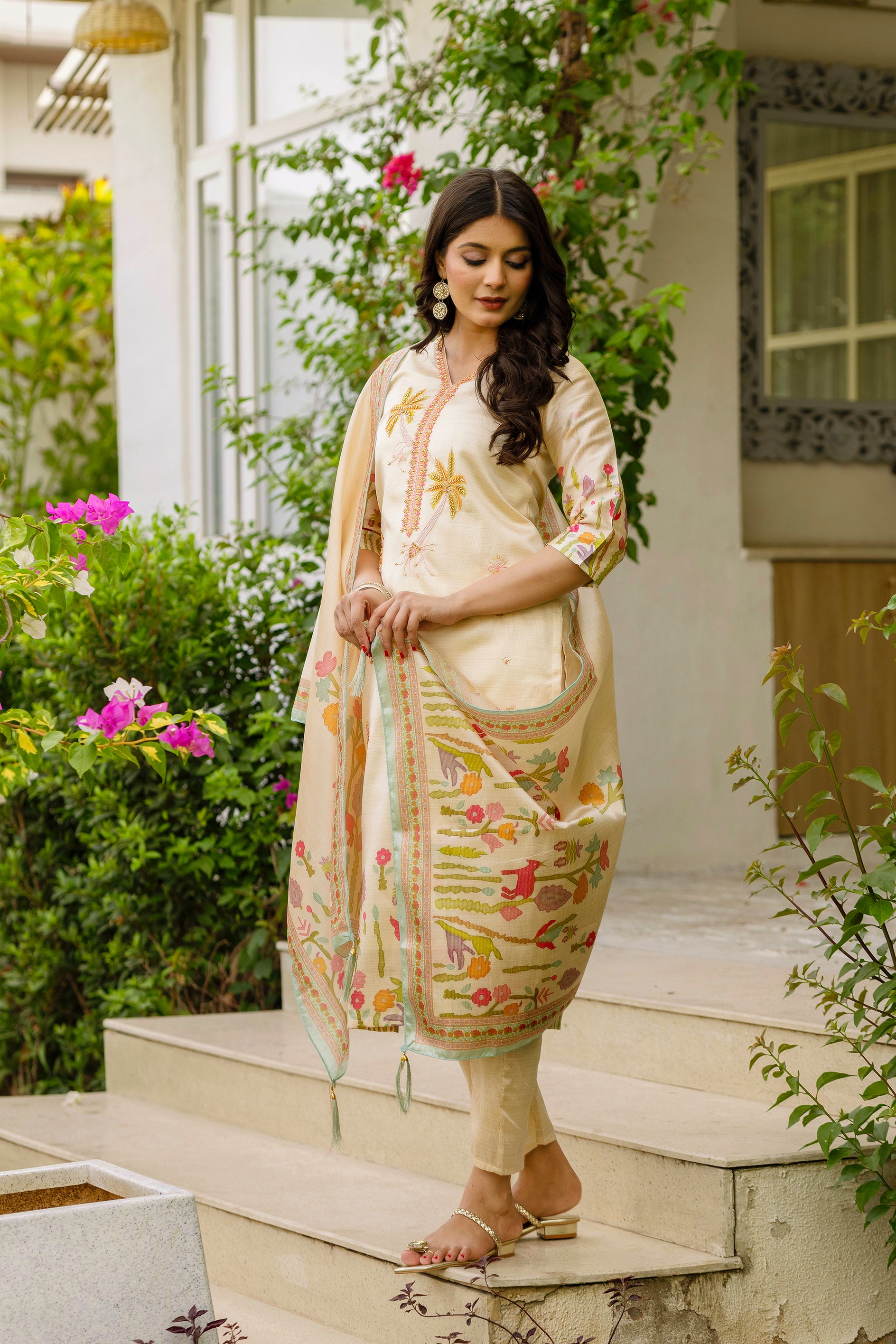 Off White Premium Viscose Assam Silk Embroidered Kurta Set with Dupatta