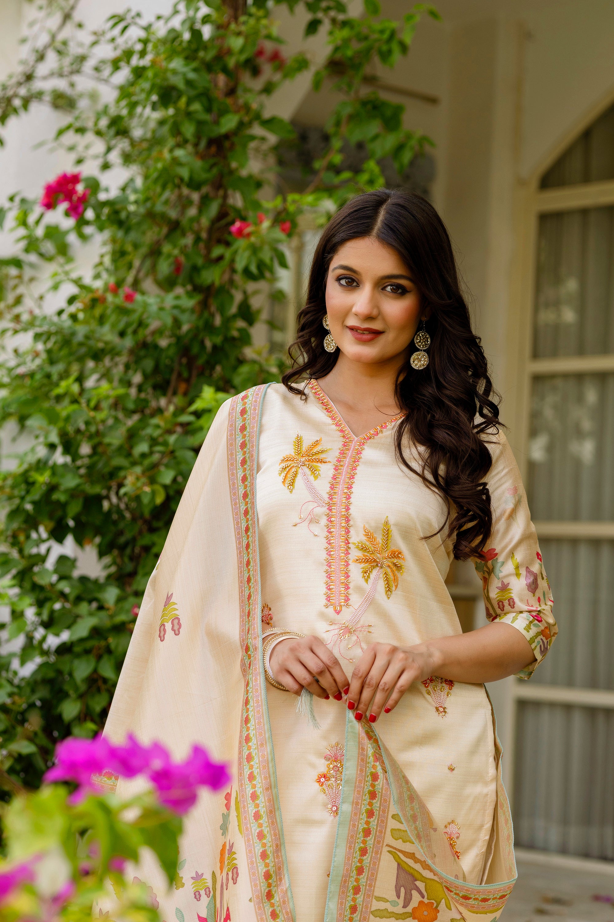 Off White Premium Viscose Assam Silk Embroidered Kurta Set with Dupatta