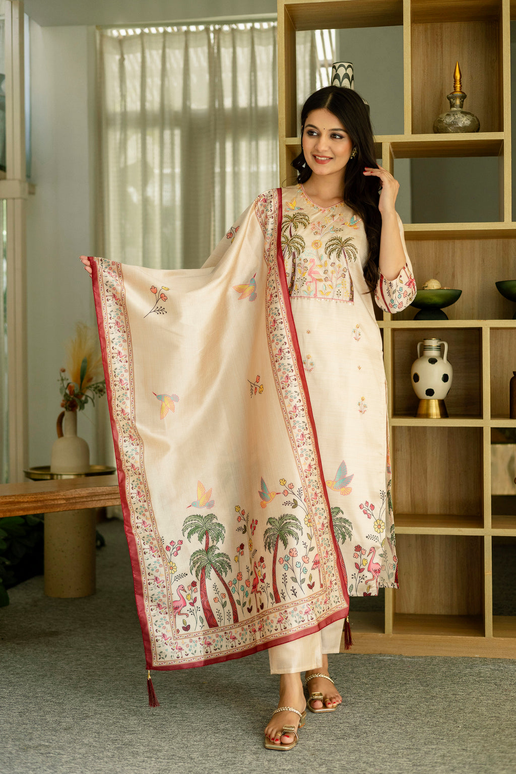 White Premium Viscose Assam Slik Embroidered Kurta Set with Dupatta