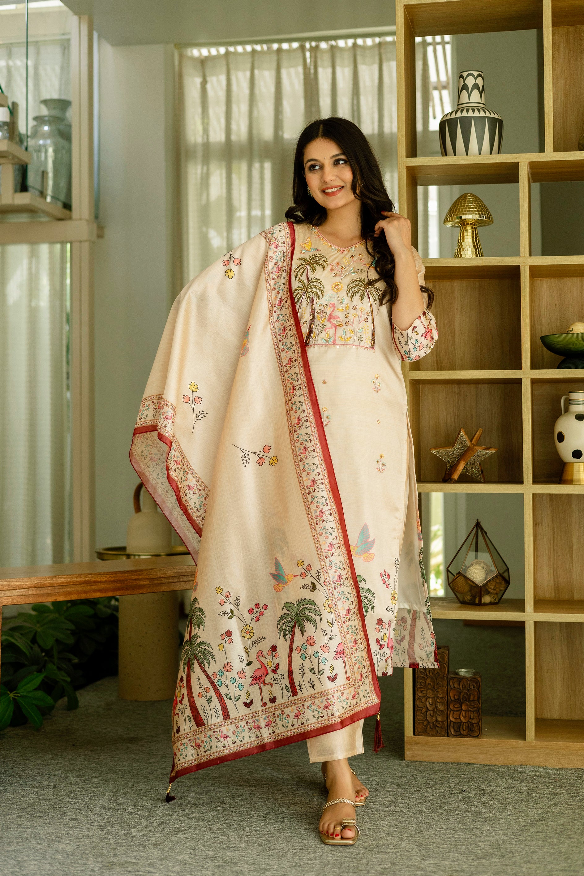 White Premium Viscose Assam Slik Embroidered Kurta Set with Dupatta