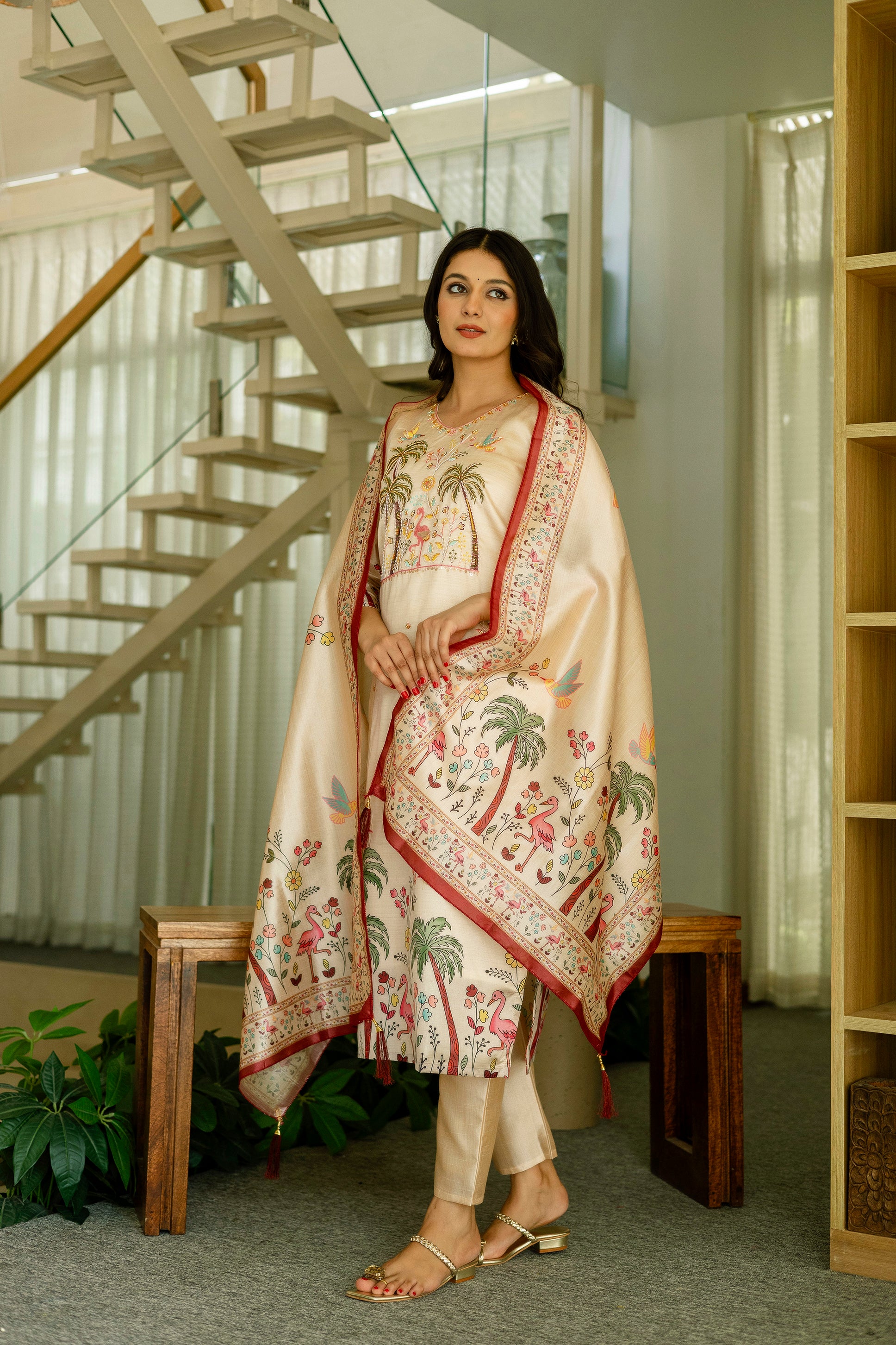 White Premium Viscose Assam Slik Embroidered Kurta Set with Dupatta
