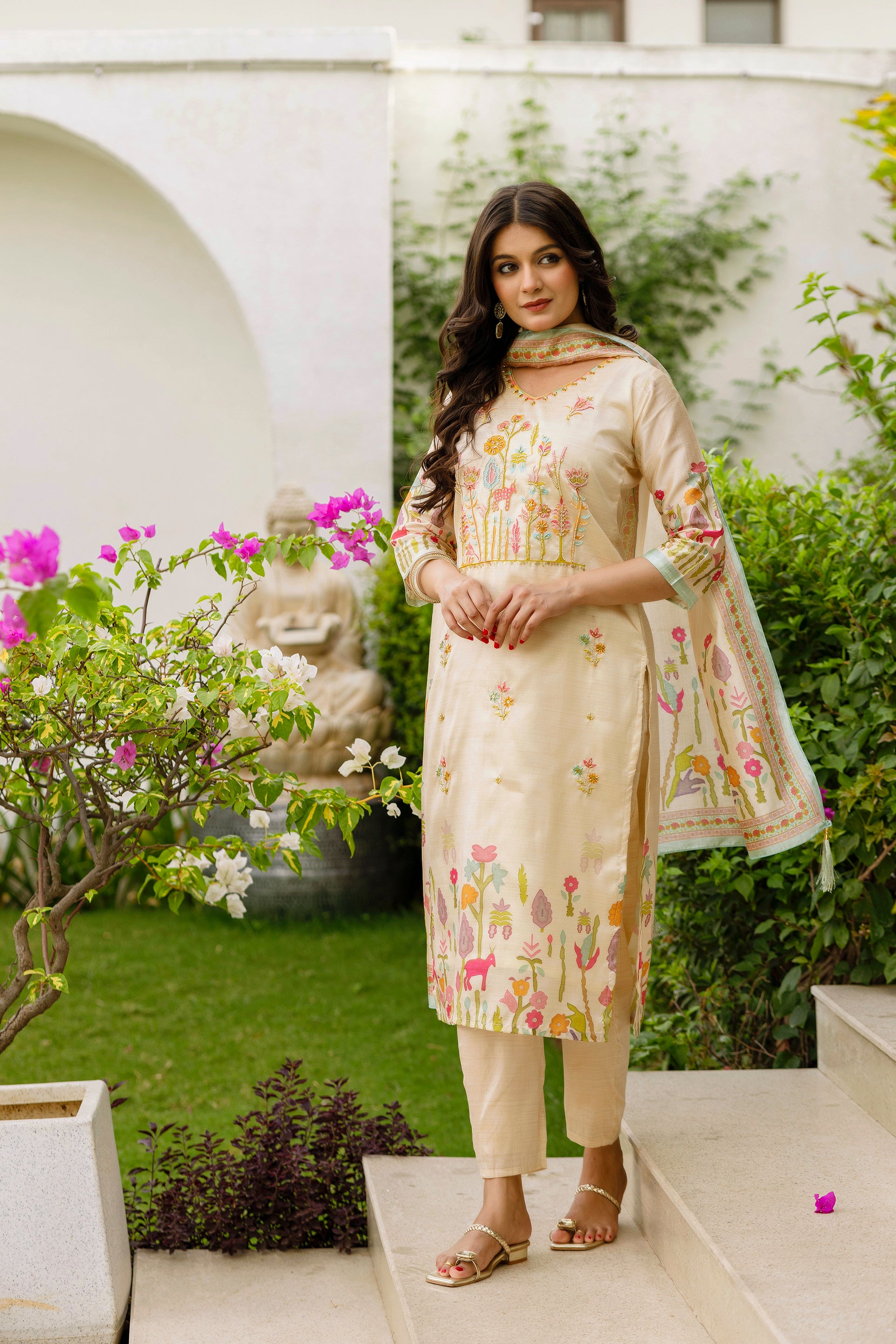 White Elegant Viscose Assam Slik Embroidered Kurta Set with Dupatta