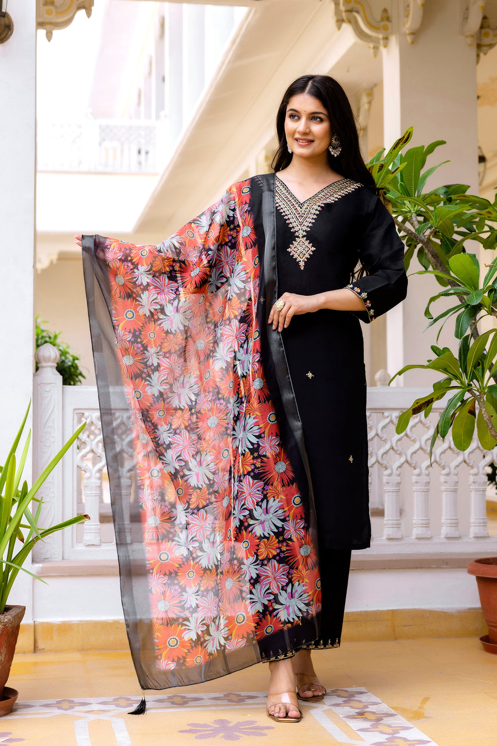 Black Elegant Viscose Chandari Embroidered Kurta Set with Dupatta