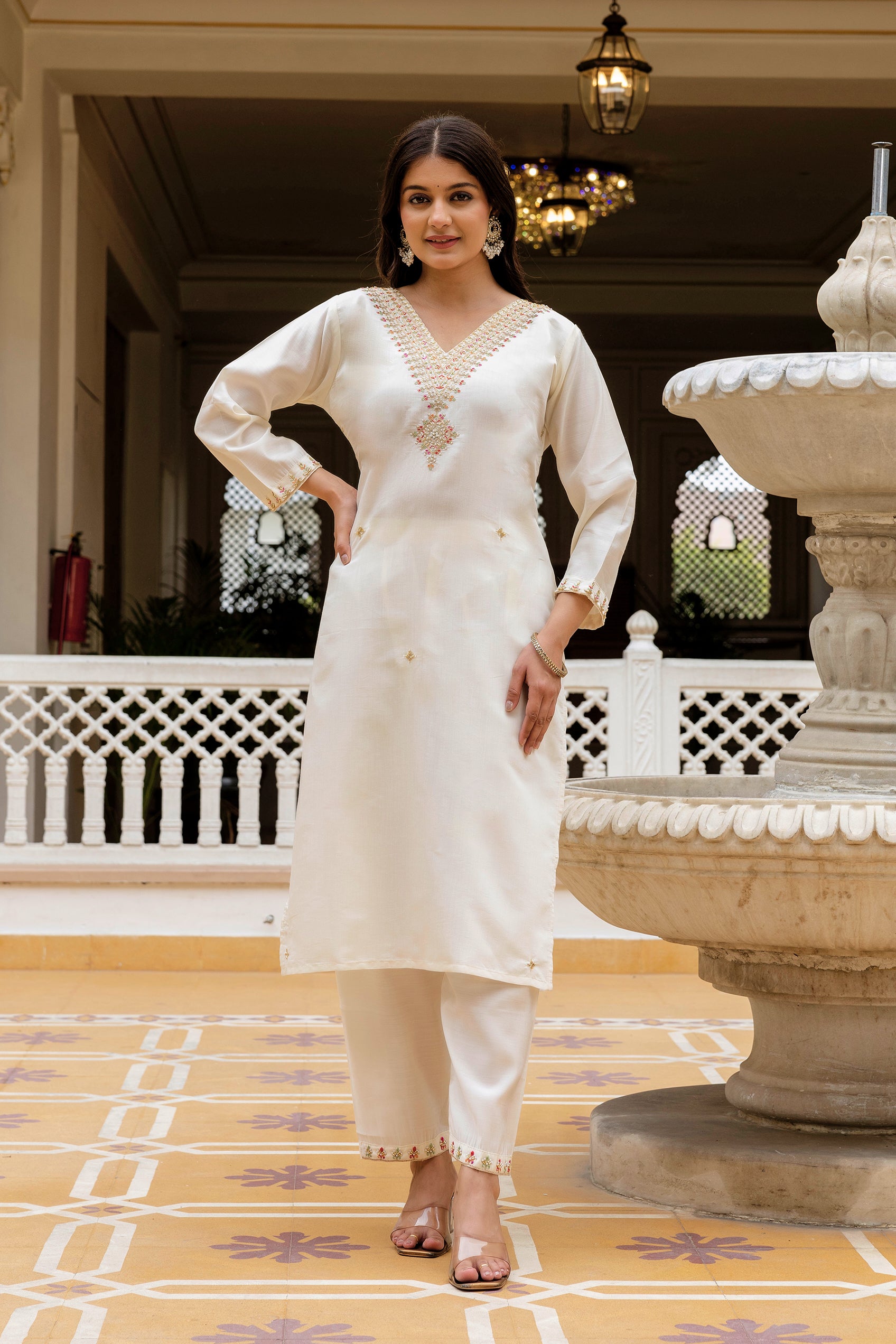White Elegant Viscose Chandari Embroidered Kurta Set with Dupatta
