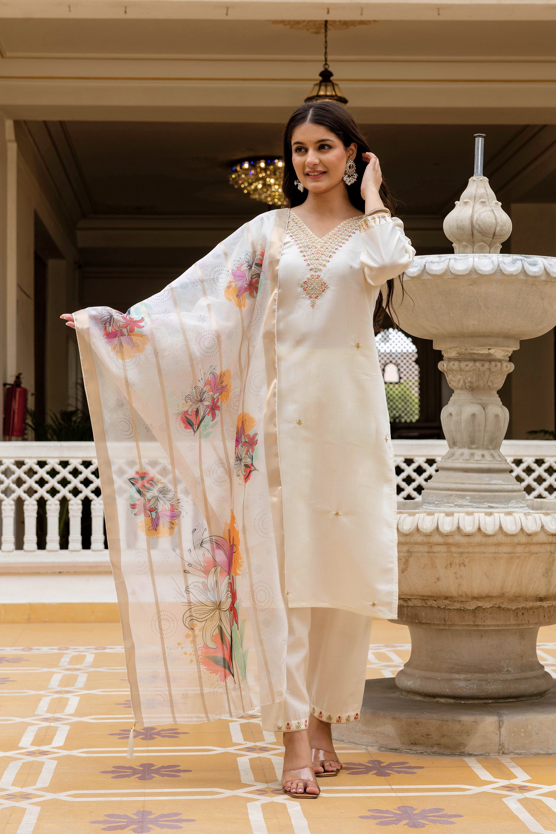 White Elegant Viscose Chandari Embroidered Kurta Set with Dupatta