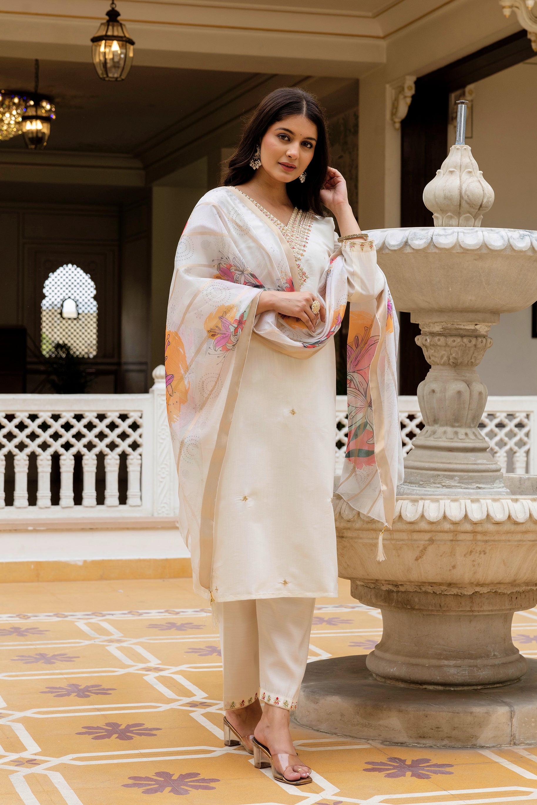 White Elegant Viscose Chandari Embroidered Kurta Set with Dupatta