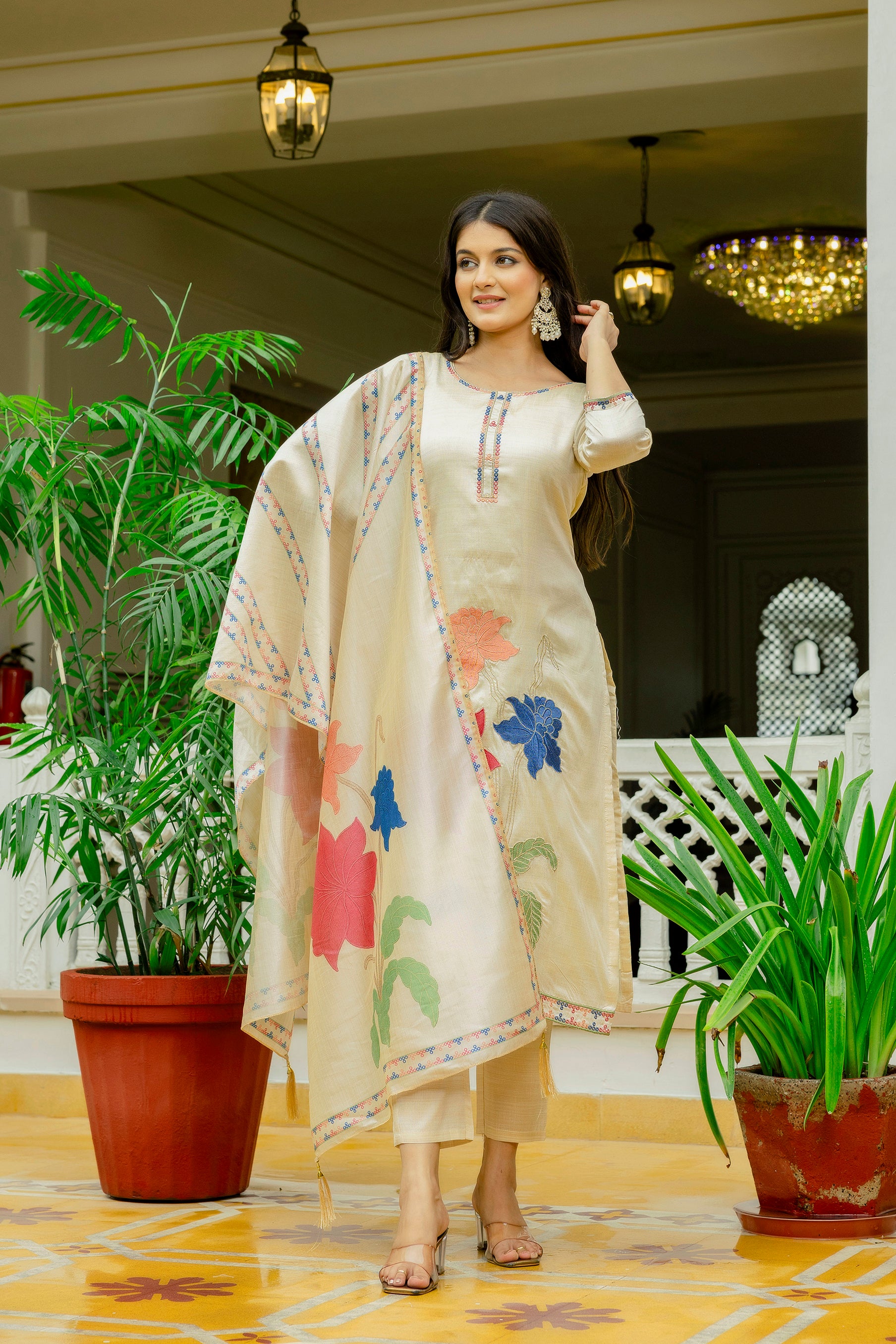 Rust White Elegant Viscose Assam Slik Embroidered Kurta Set with Dupatta
