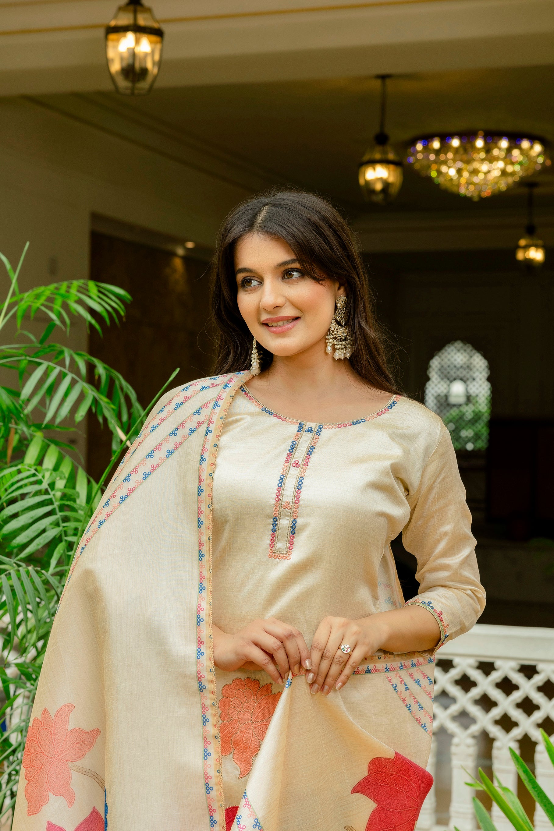 Rust White Elegant Viscose Assam Slik Embroidered Kurta Set with Dupatta