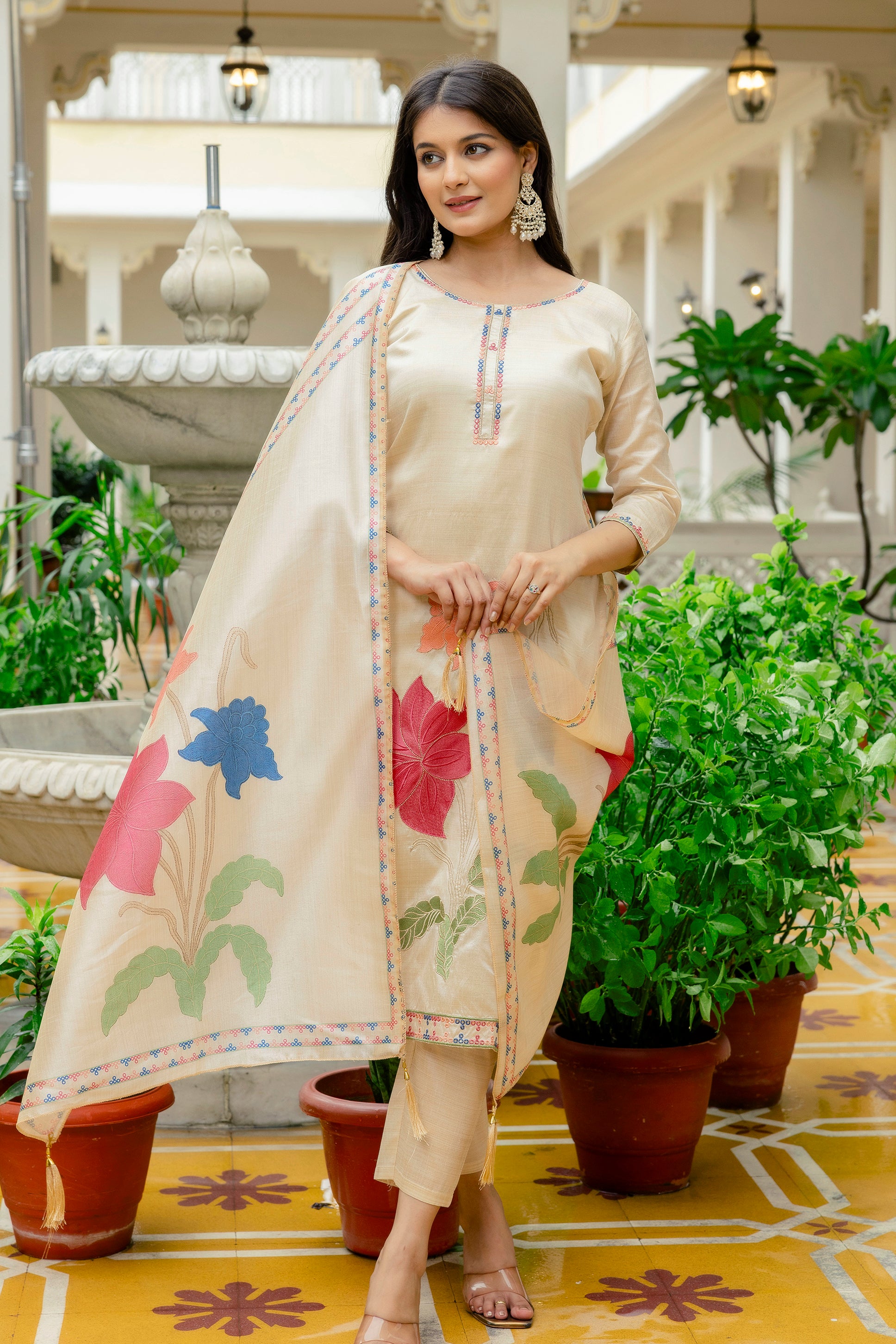 Rust White Elegant Viscose Assam Slik Embroidered Kurta Set with Dupatta