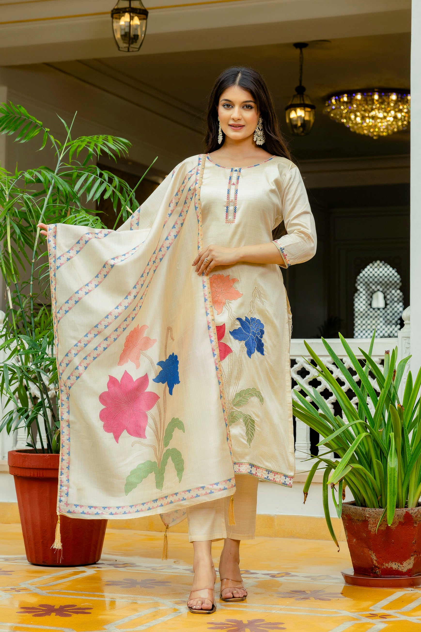 Rust White Elegant Viscose Assam Slik Embroidered Kurta Set with Dupatta