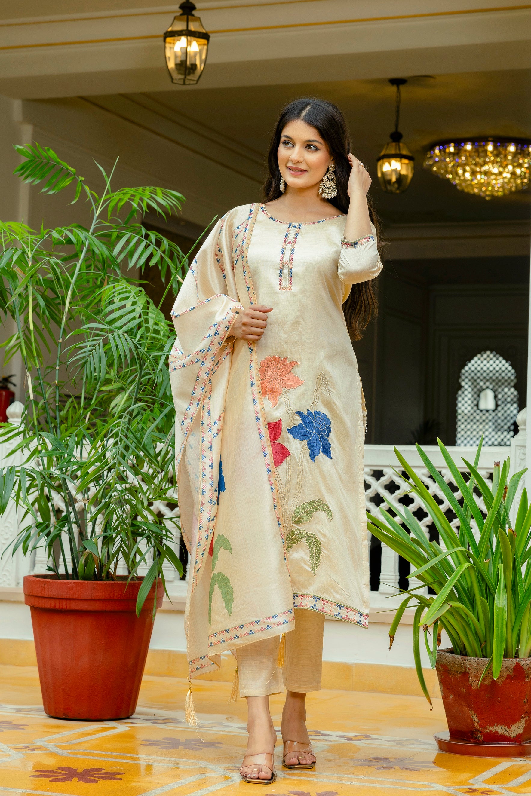 Rust White Elegant Viscose Assam Slik Embroidered Kurta Set with Dupatta