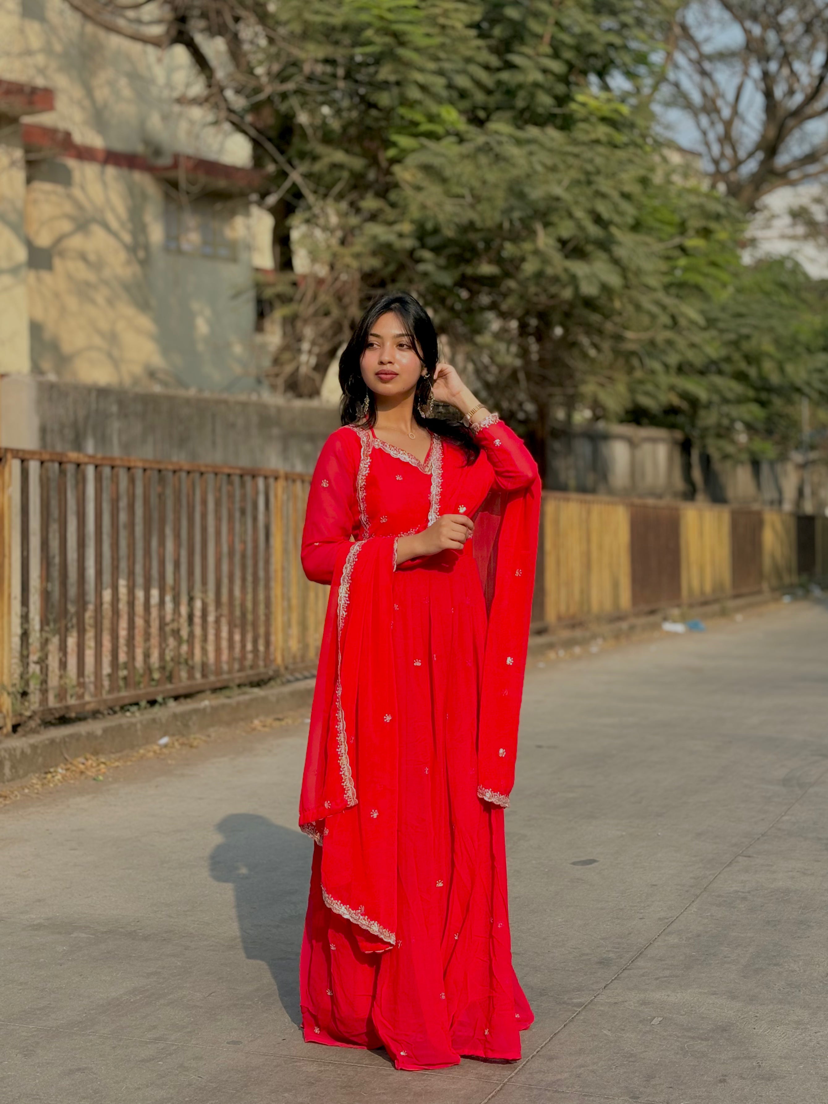 Red Embroidered Faux Georgette Anarkali Pant Dupatta Set