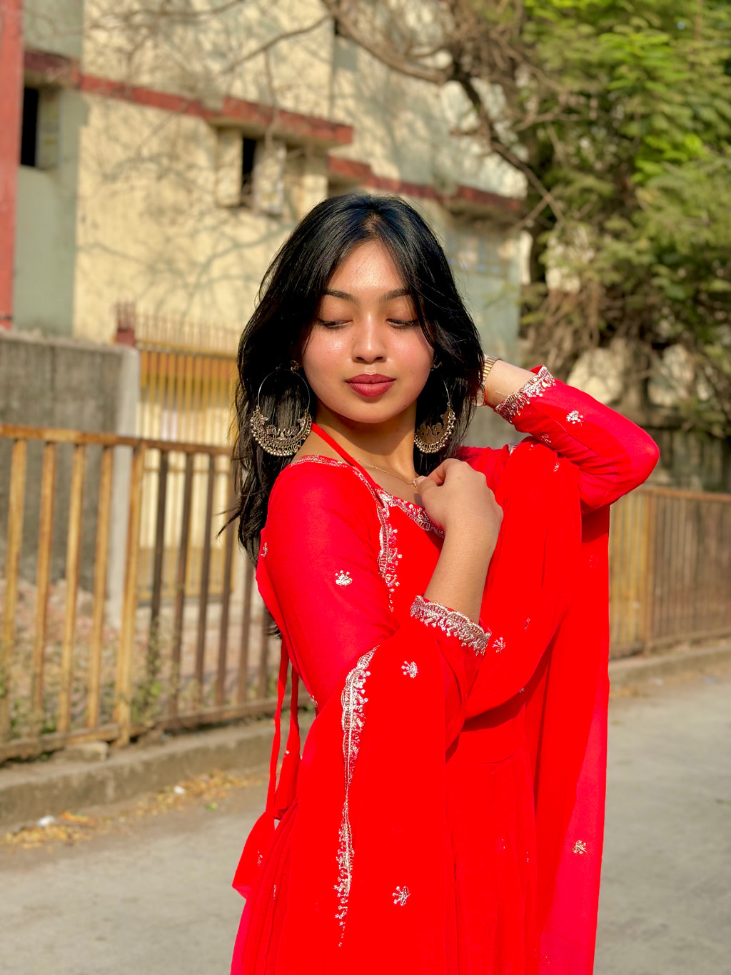 Red Embroidered Faux Georgette Anarkali Pant Dupatta Set