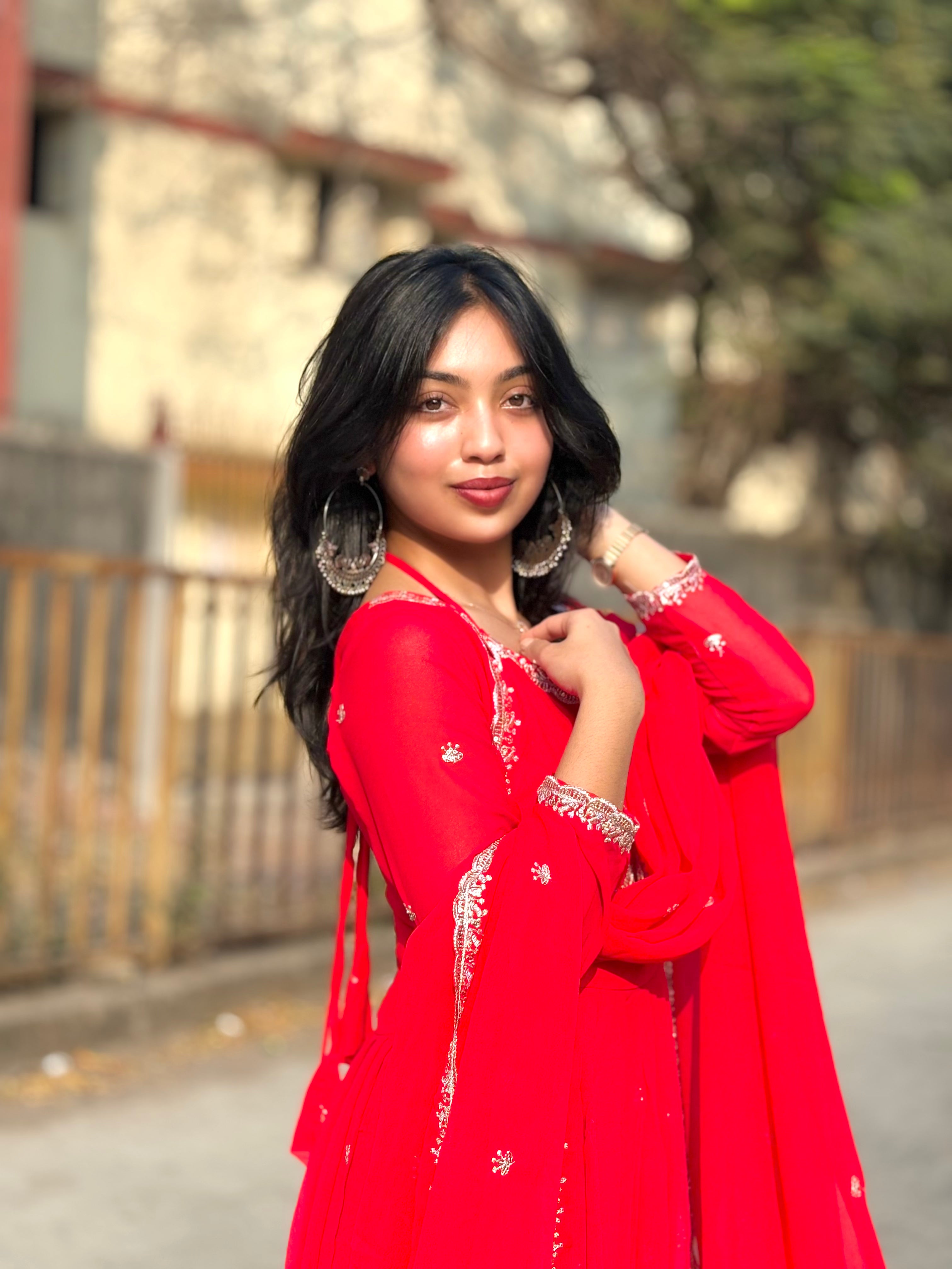 Red Embroidered Faux Georgette Anarkali Pant Dupatta Set