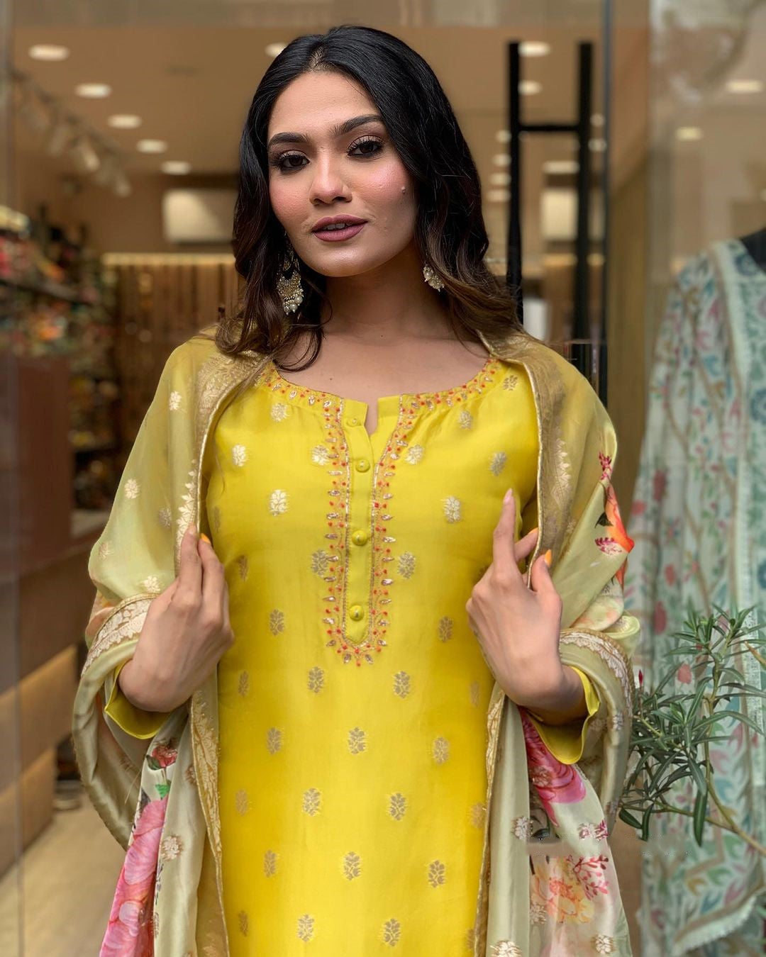 Yellow Embroidered Kurta Set | Viscose Organza with Jacquard Dupatta
