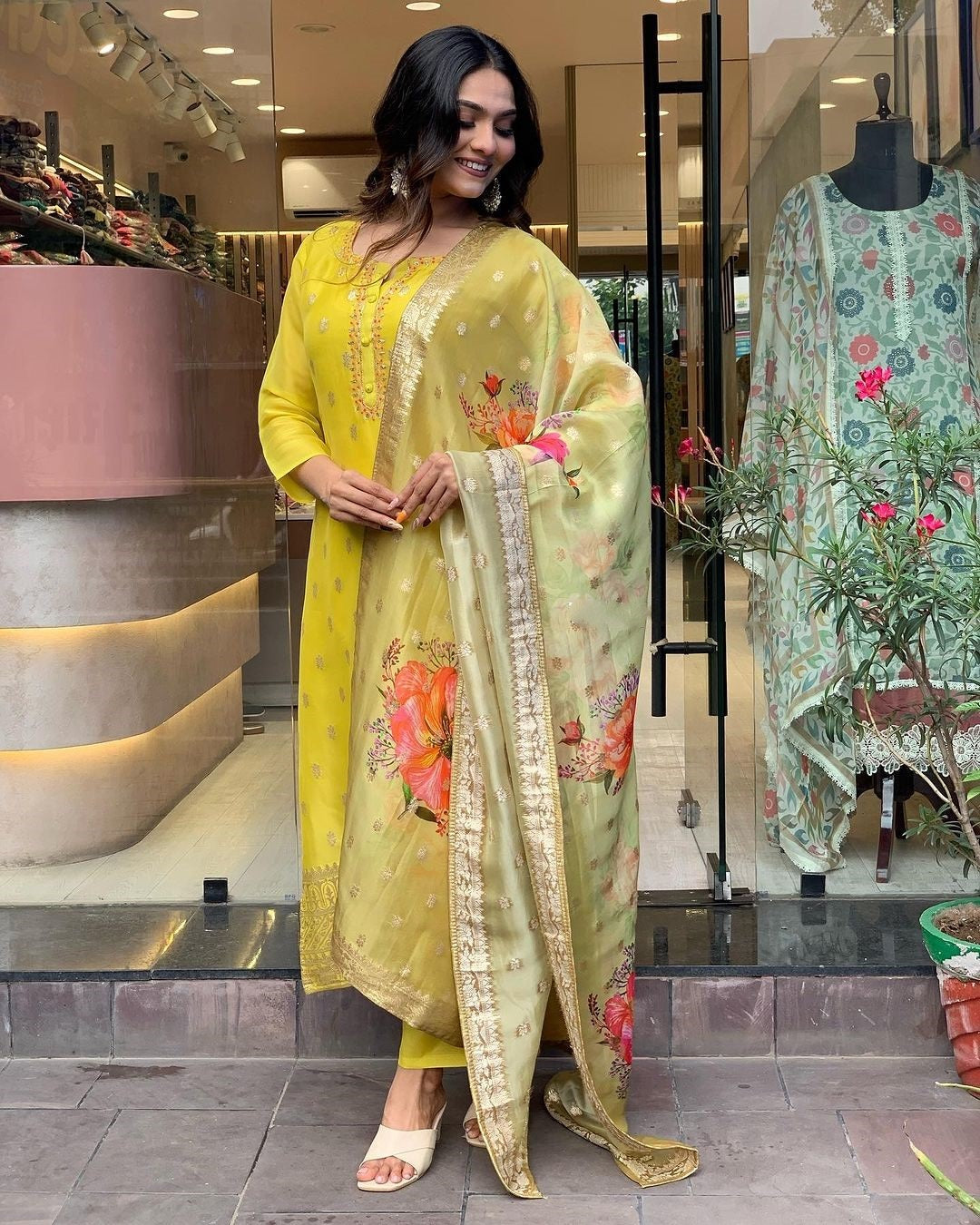 Yellow Embroidered Kurta Set | Viscose Organza with Jacquard Dupatta