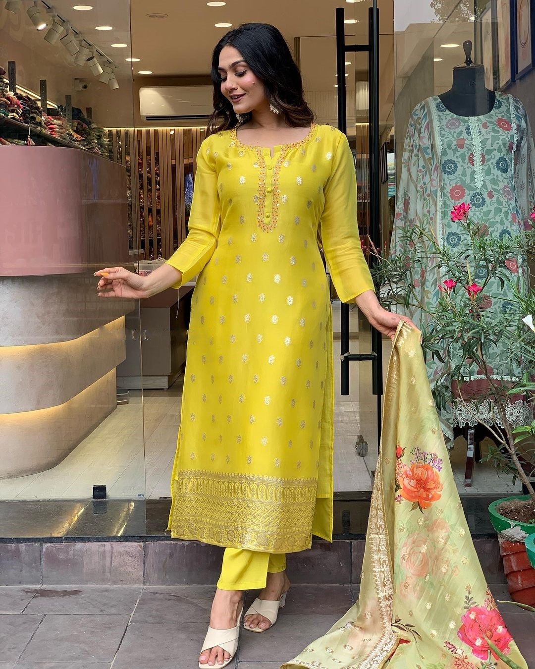 Yellow Embroidered Kurta Set | Viscose Organza with Jacquard Dupatta
