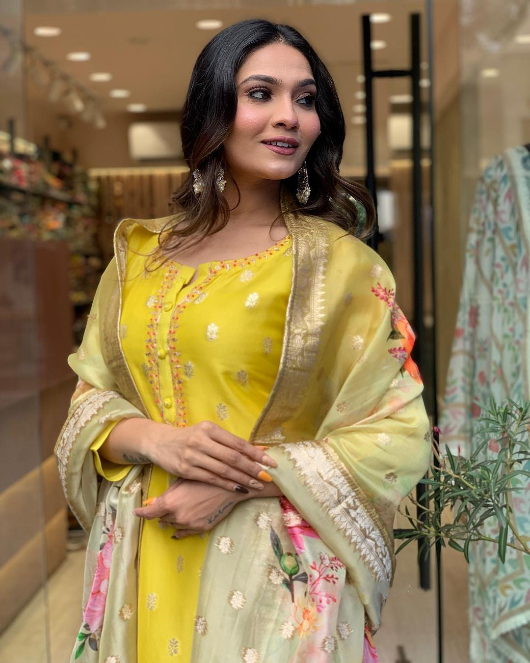 Yellow Embroidered Kurta Set | Viscose Organza with Jacquard Dupatta