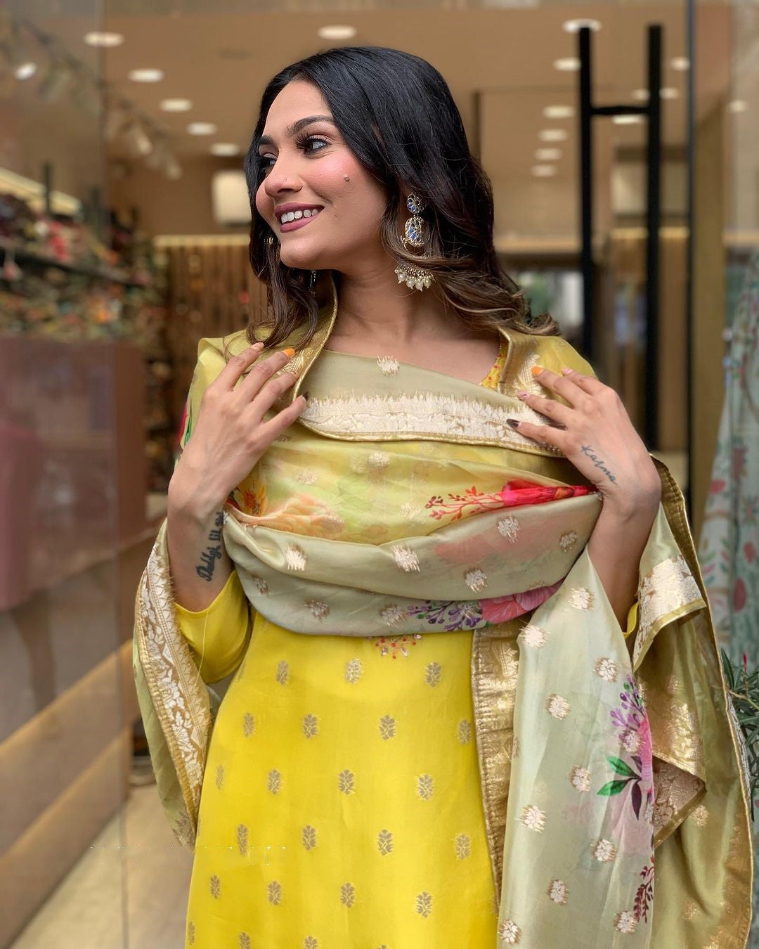 Yellow Embroidered Kurta Set | Viscose Organza with Jacquard Dupatta