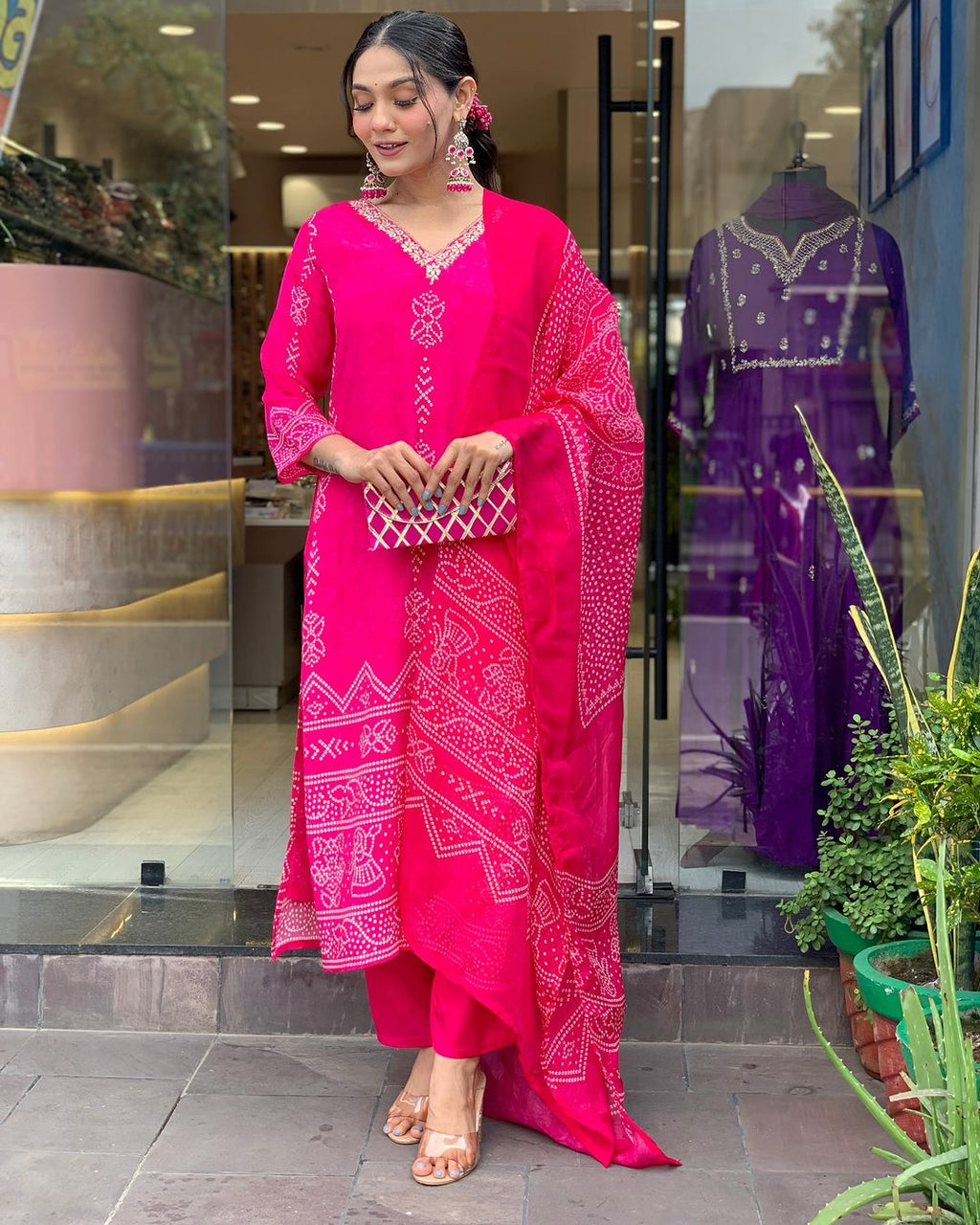Hot Pink Embroidered Kurta Set | French Crepe with Chinon Dupatta