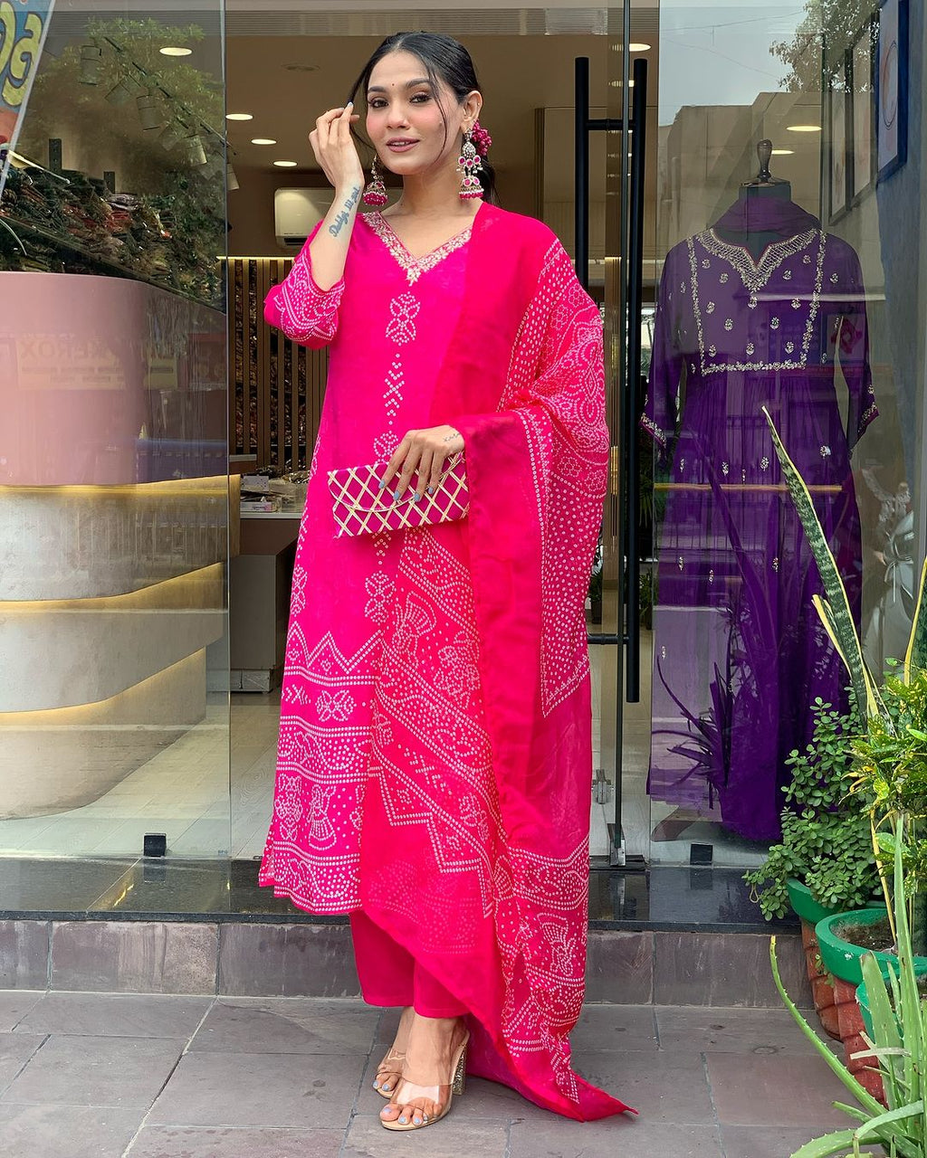 Hot Pink Embroidered Kurta Set | French Crepe with Chinon Dupatta
