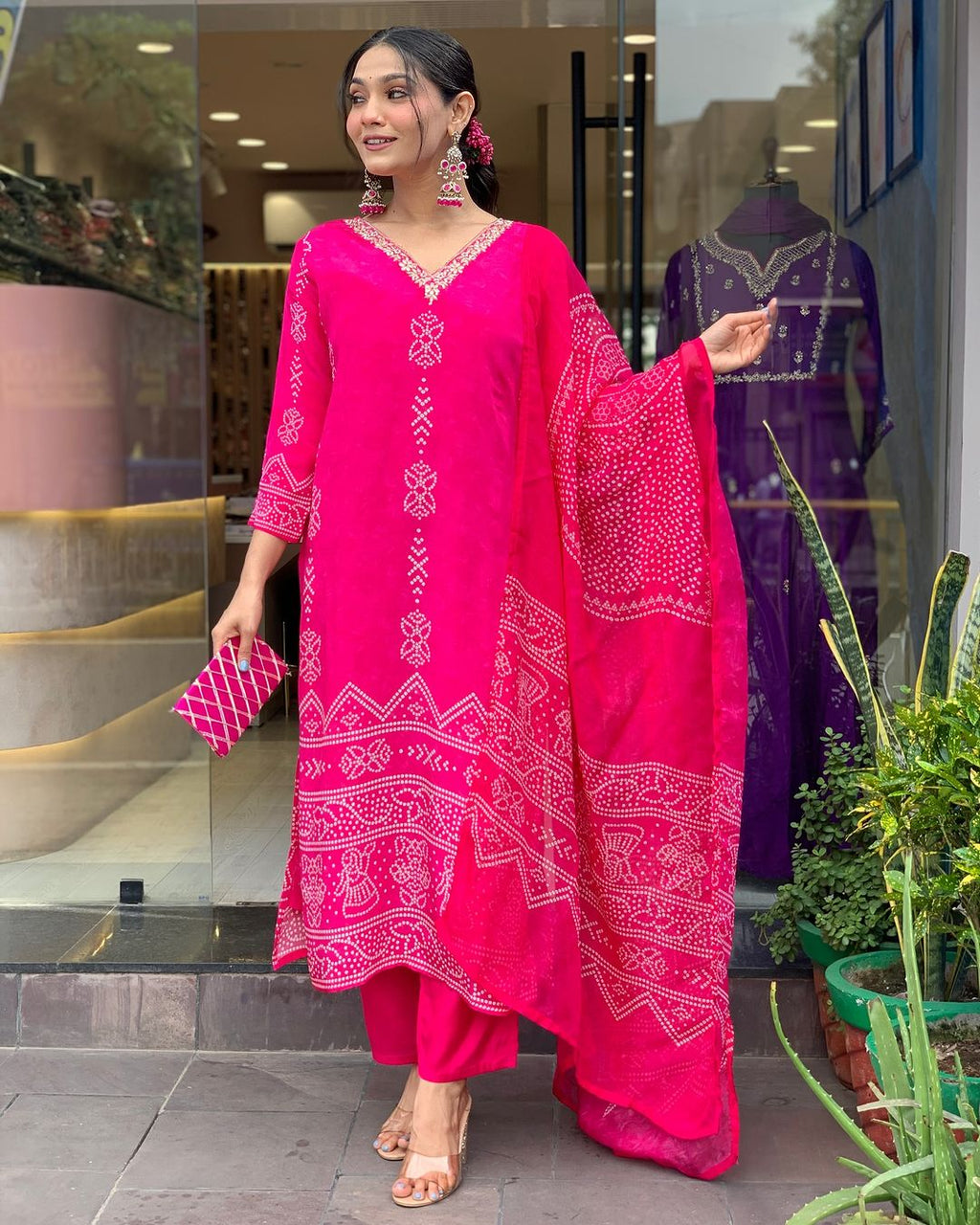 Hot Pink Embroidered Kurta Set | French Crepe with Chinon Dupatta