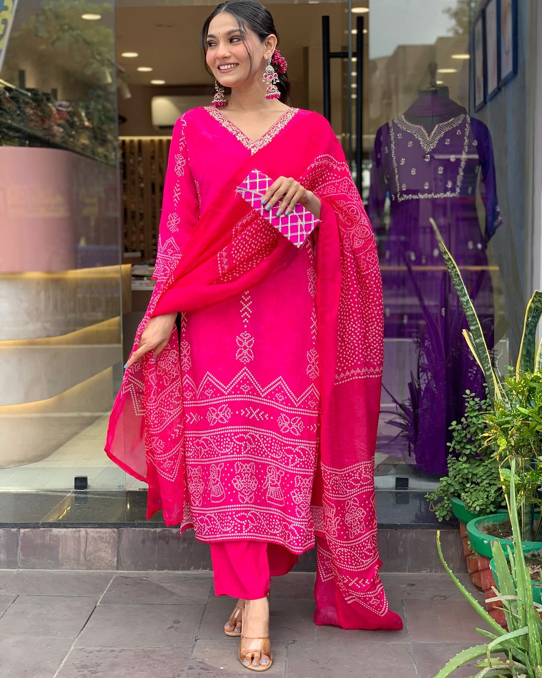 Hot Pink Embroidered Kurta Set | French Crepe with Chinon Dupatta