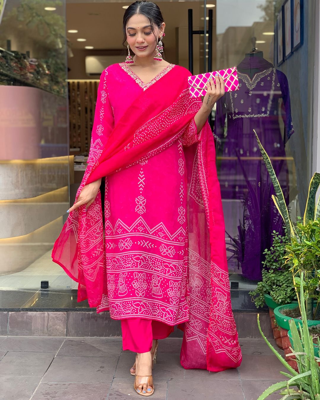 Hot Pink Embroidered Kurta Set | French Crepe with Chinon Dupatta