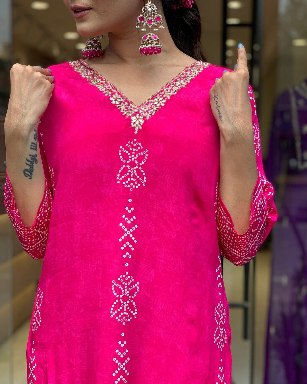 Hot Pink Embroidered Kurta Set | French Crepe with Chinon Dupatta