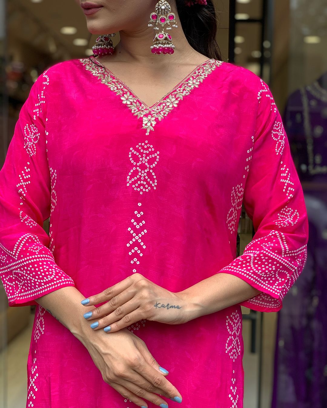 Hot Pink Embroidered Kurta Set | French Crepe with Chinon Dupatta