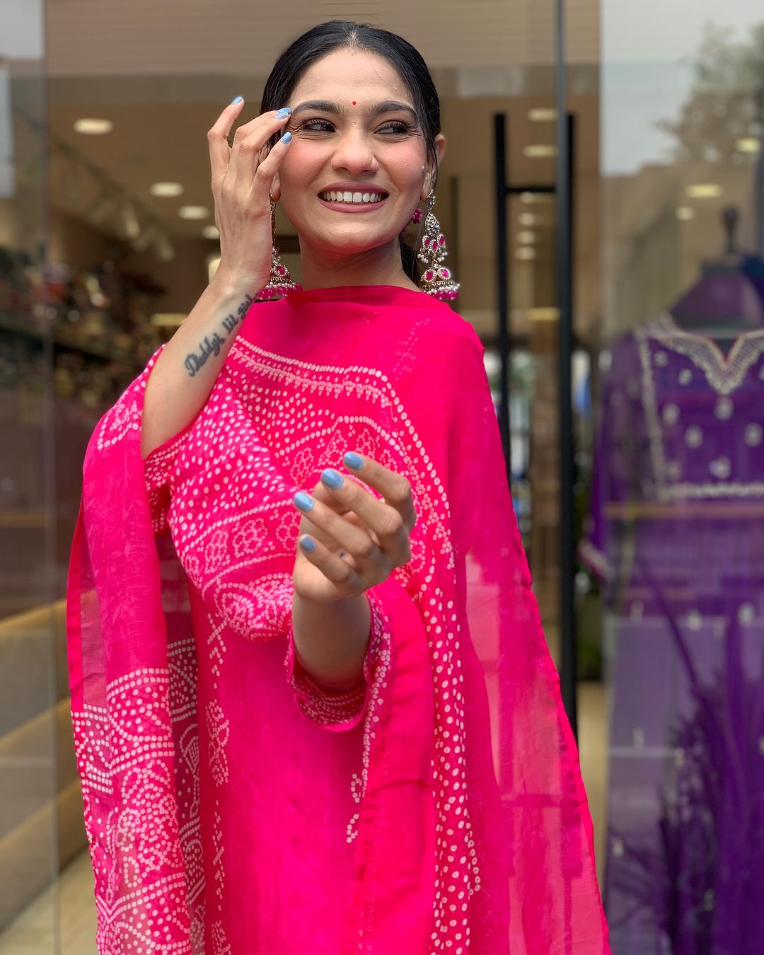Hot Pink Embroidered Kurta Set | French Crepe with Chinon Dupatta