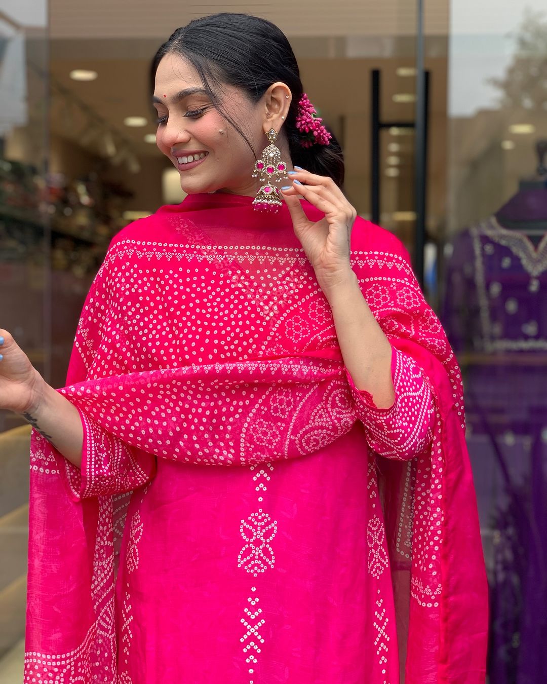 Hot Pink Embroidered Kurta Set | French Crepe with Chinon Dupatta