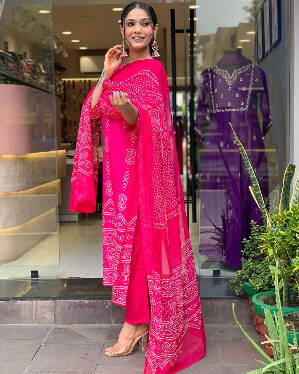 Hot Pink Embroidered Kurta Set | French Crepe with Chinon Dupatta