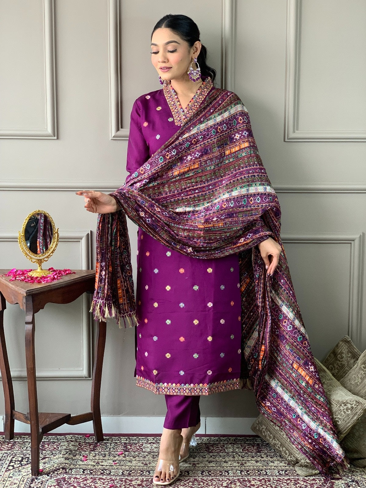 Purple Elegant Viscose Chanderi Embroidered Kurta Set with Dupatta