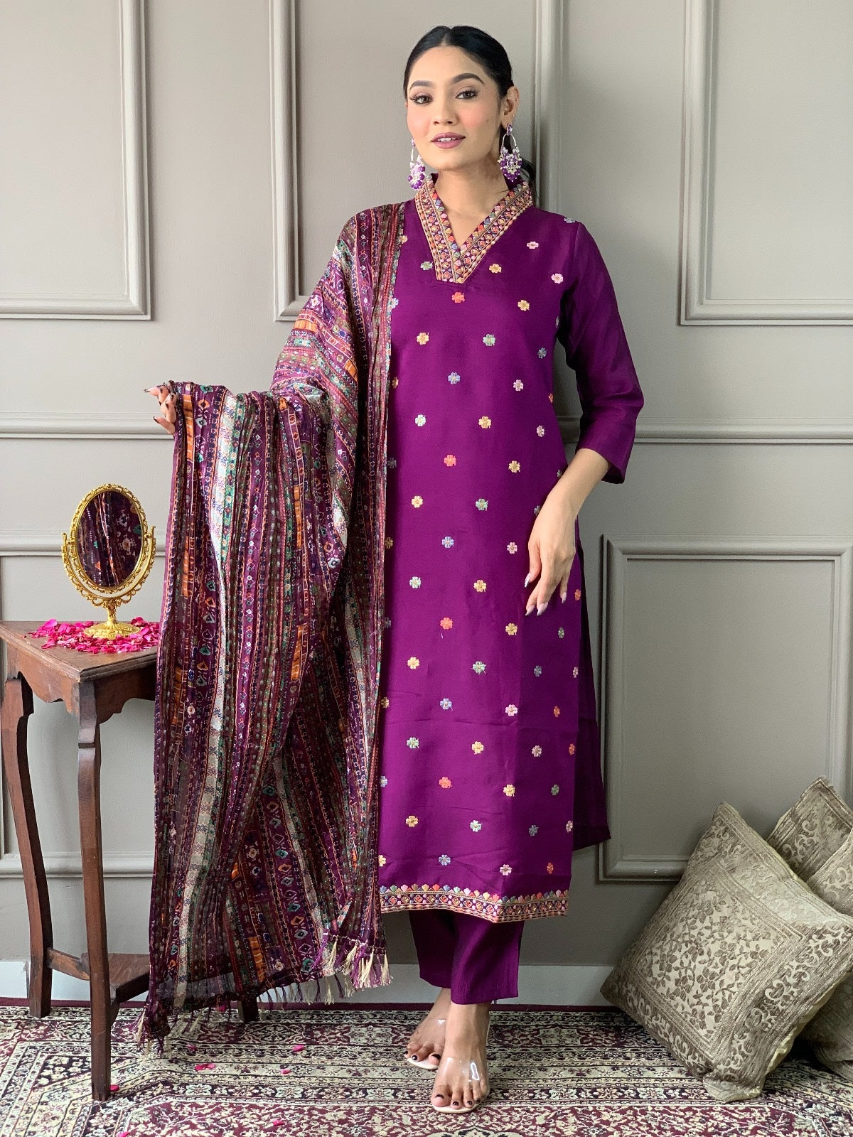 Purple Elegant Viscose Chanderi Embroidered Kurta Set with Dupatta