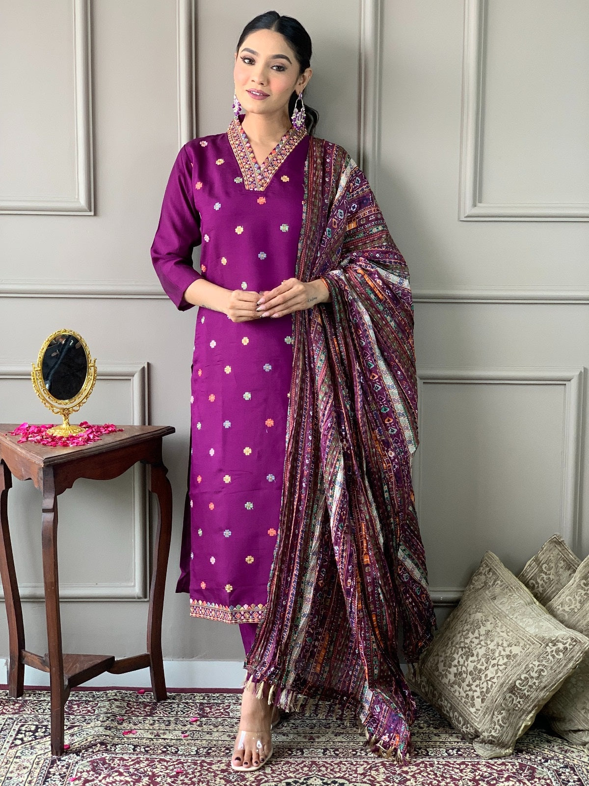 Purple Elegant Viscose Chanderi Embroidered Kurta Set with Dupatta