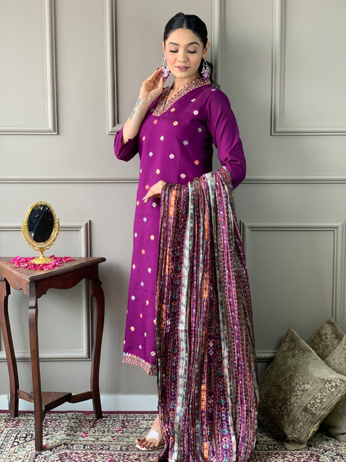 Purple Elegant Viscose Chanderi Embroidered Kurta Set with Dupatta
