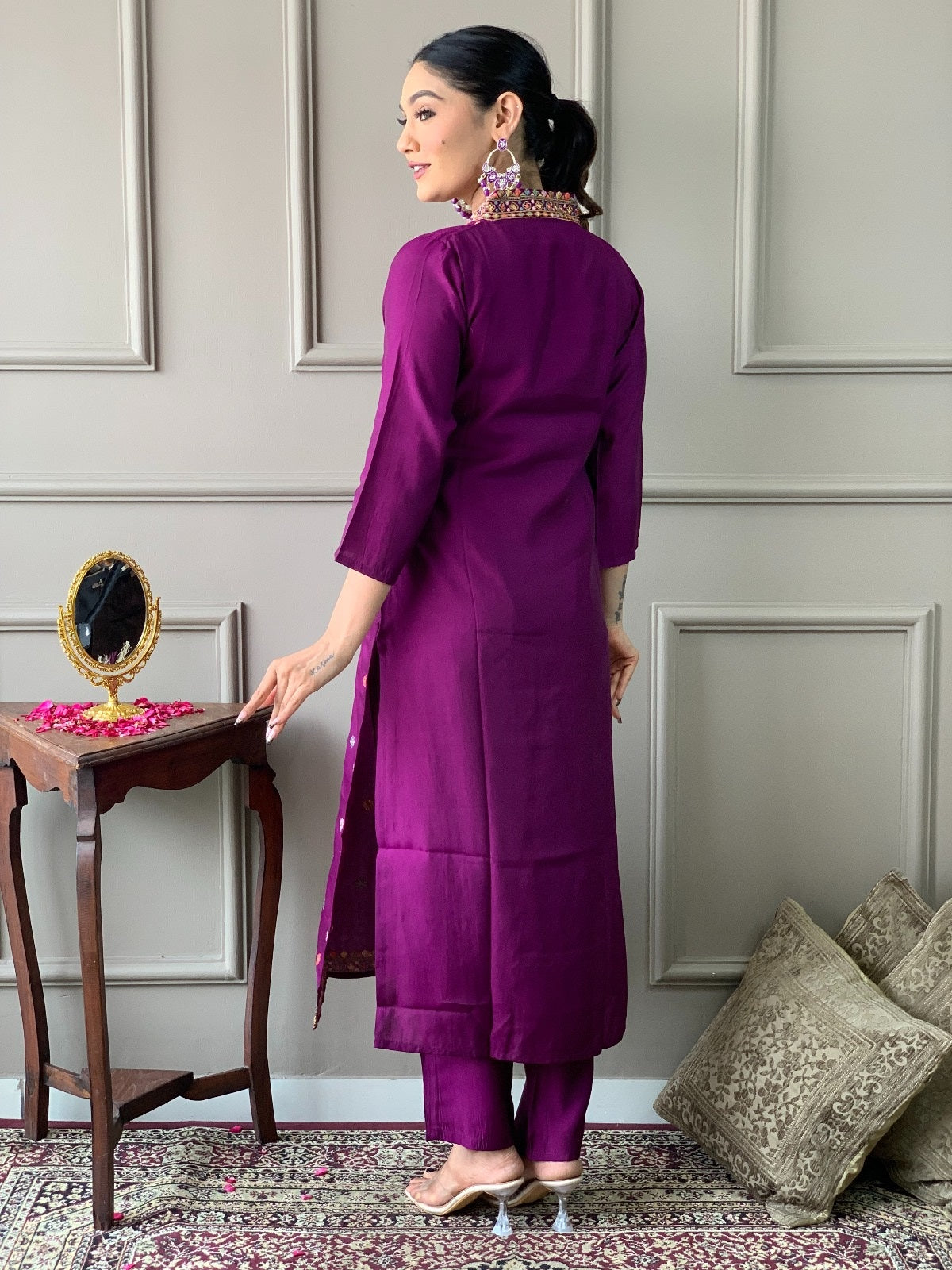 Purple Elegant Viscose Chanderi Embroidered Kurta Set with Dupatta