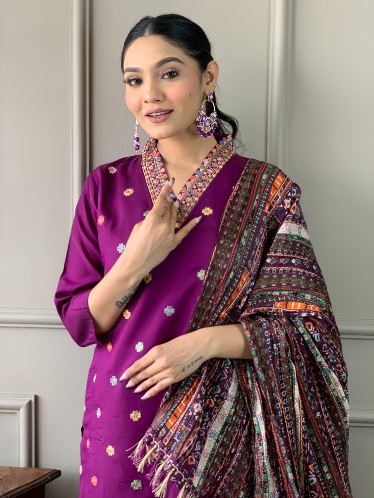 Purple Elegant Viscose Chanderi Embroidered Kurta Set with Dupatta