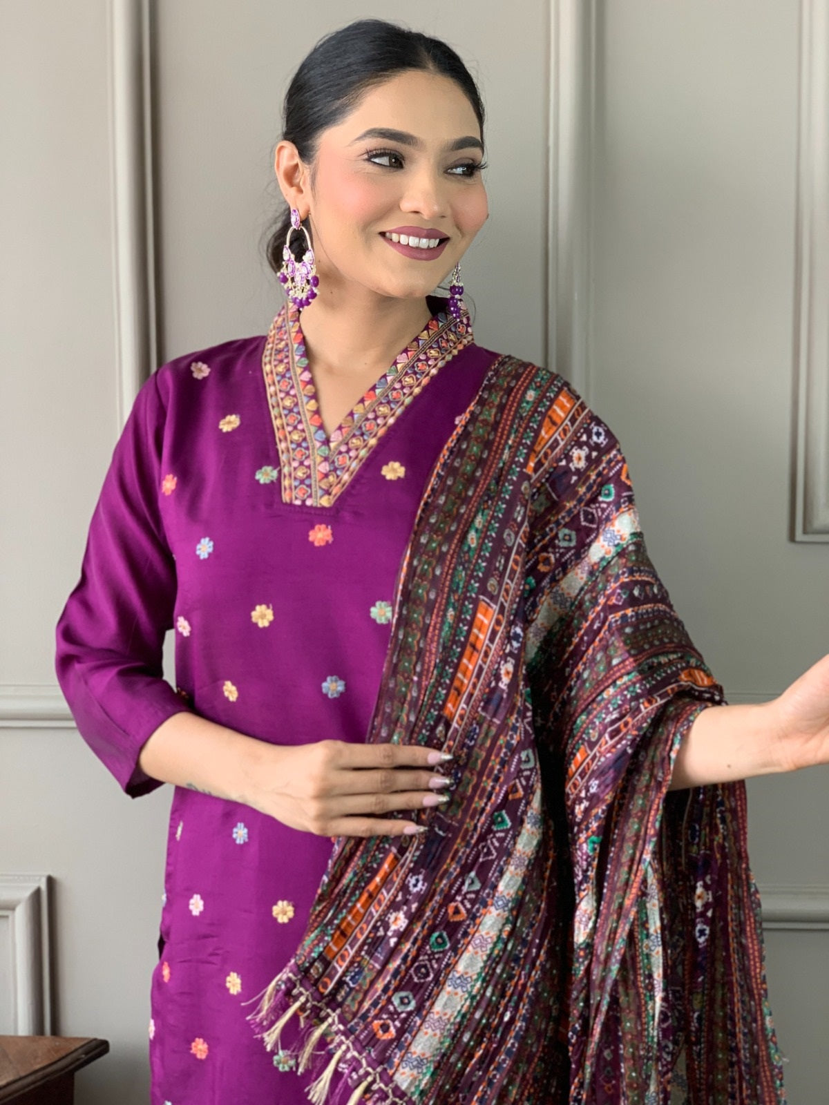 Purple Elegant Viscose Chanderi Embroidered Kurta Set with Dupatta