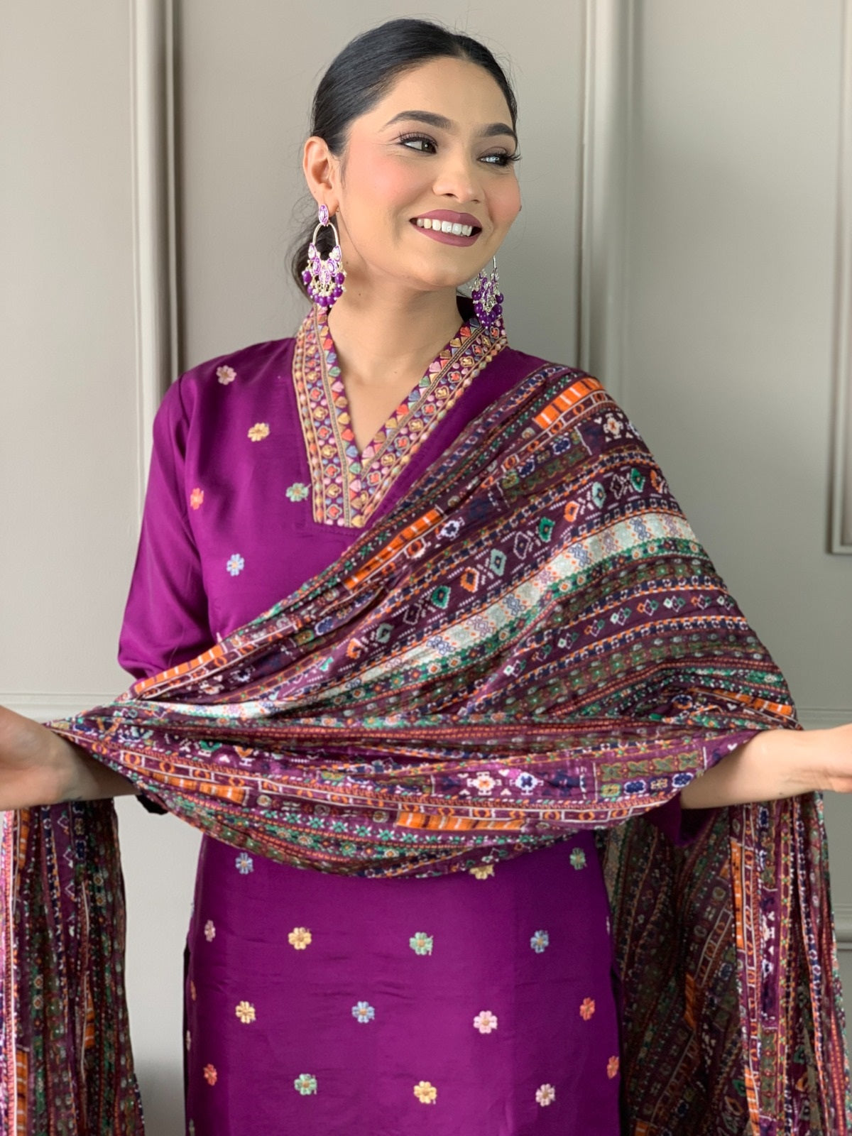 Purple Elegant Viscose Chanderi Embroidered Kurta Set with Dupatta