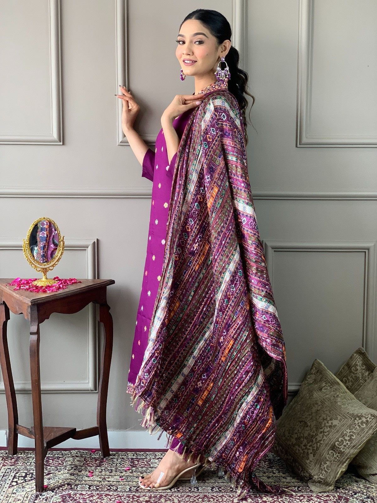 Purple Elegant Viscose Chanderi Embroidered Kurta Set with Dupatta