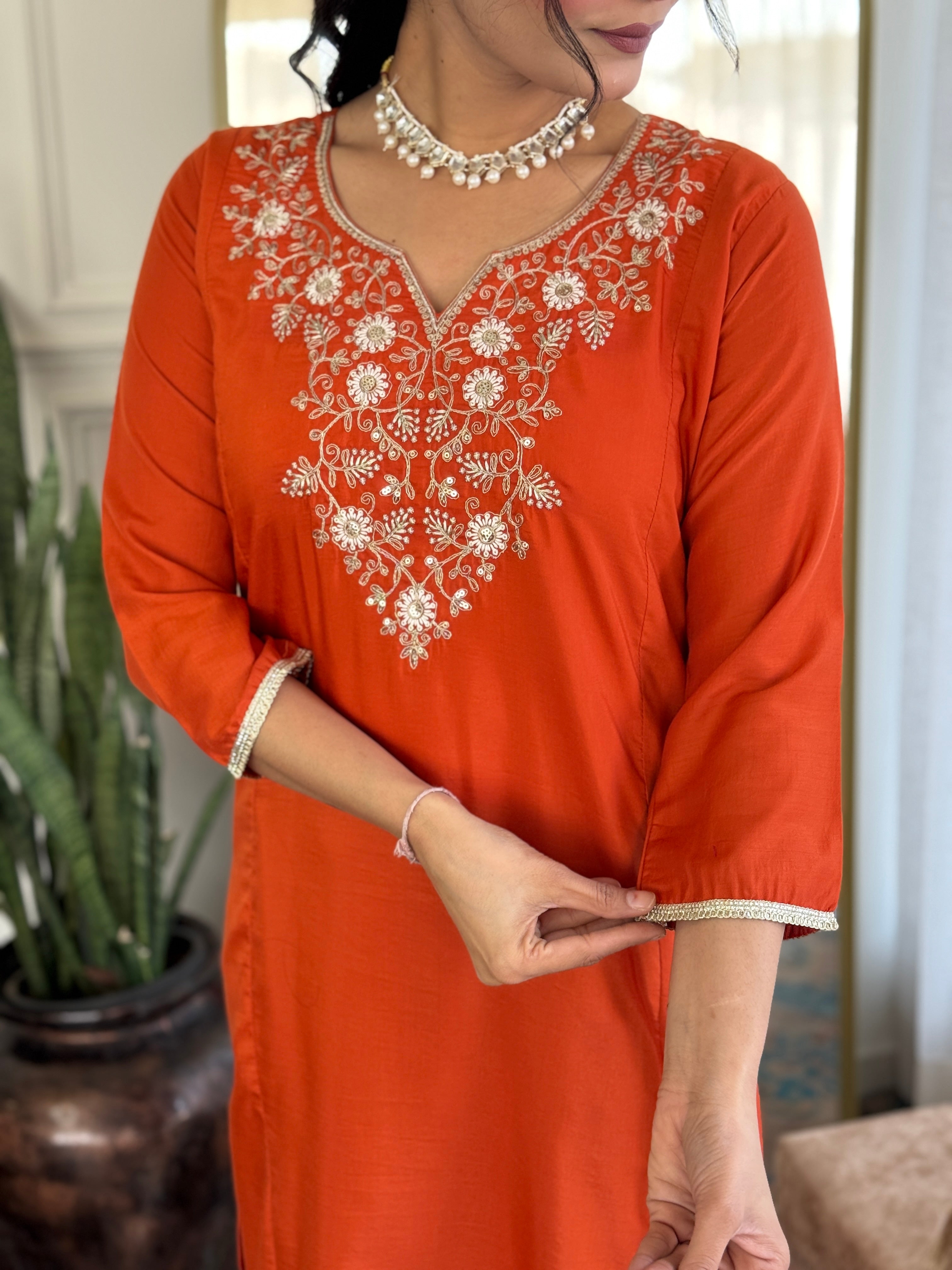 Orange Elegant Viscose Chinon Embroidered Kurta Set with Dupatta