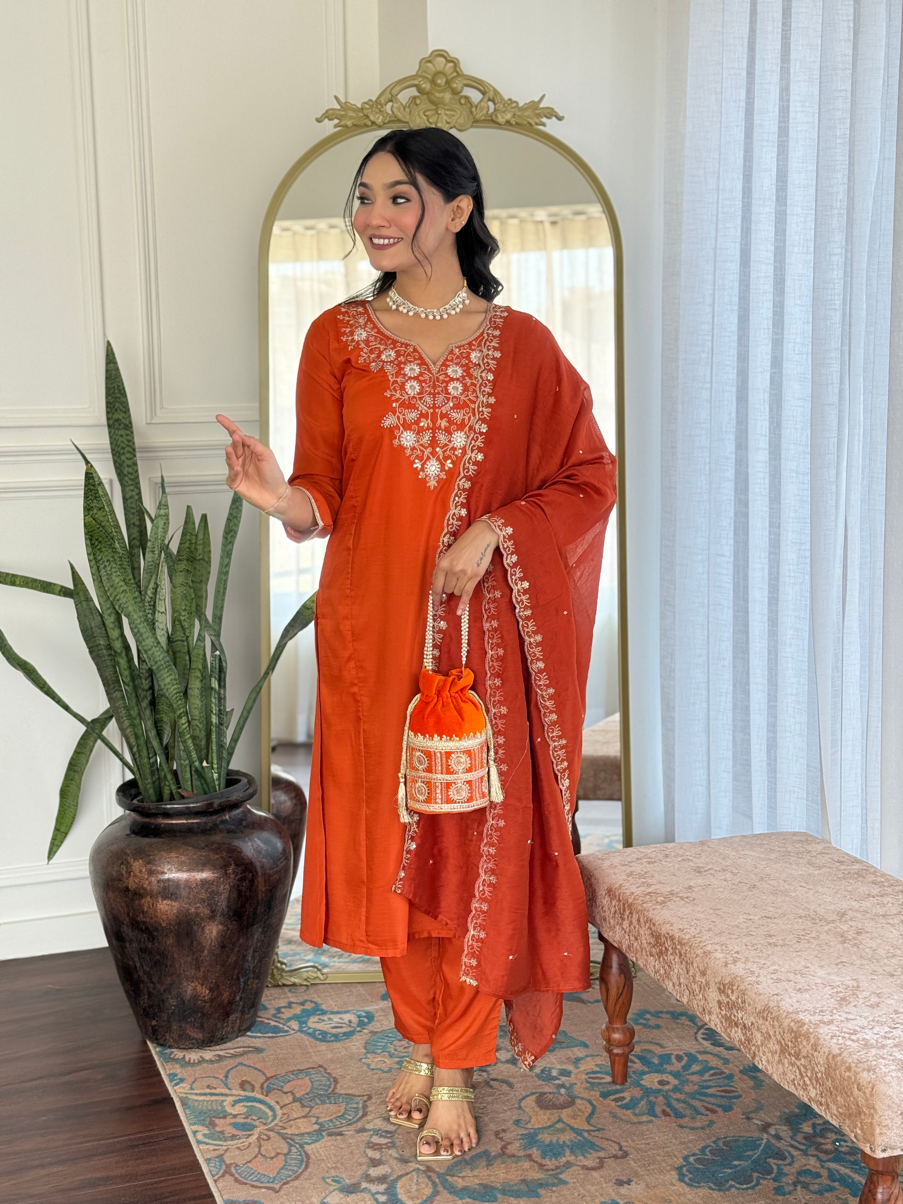 Orange Elegant Viscose Chinon Embroidered Kurta Set with Dupatta