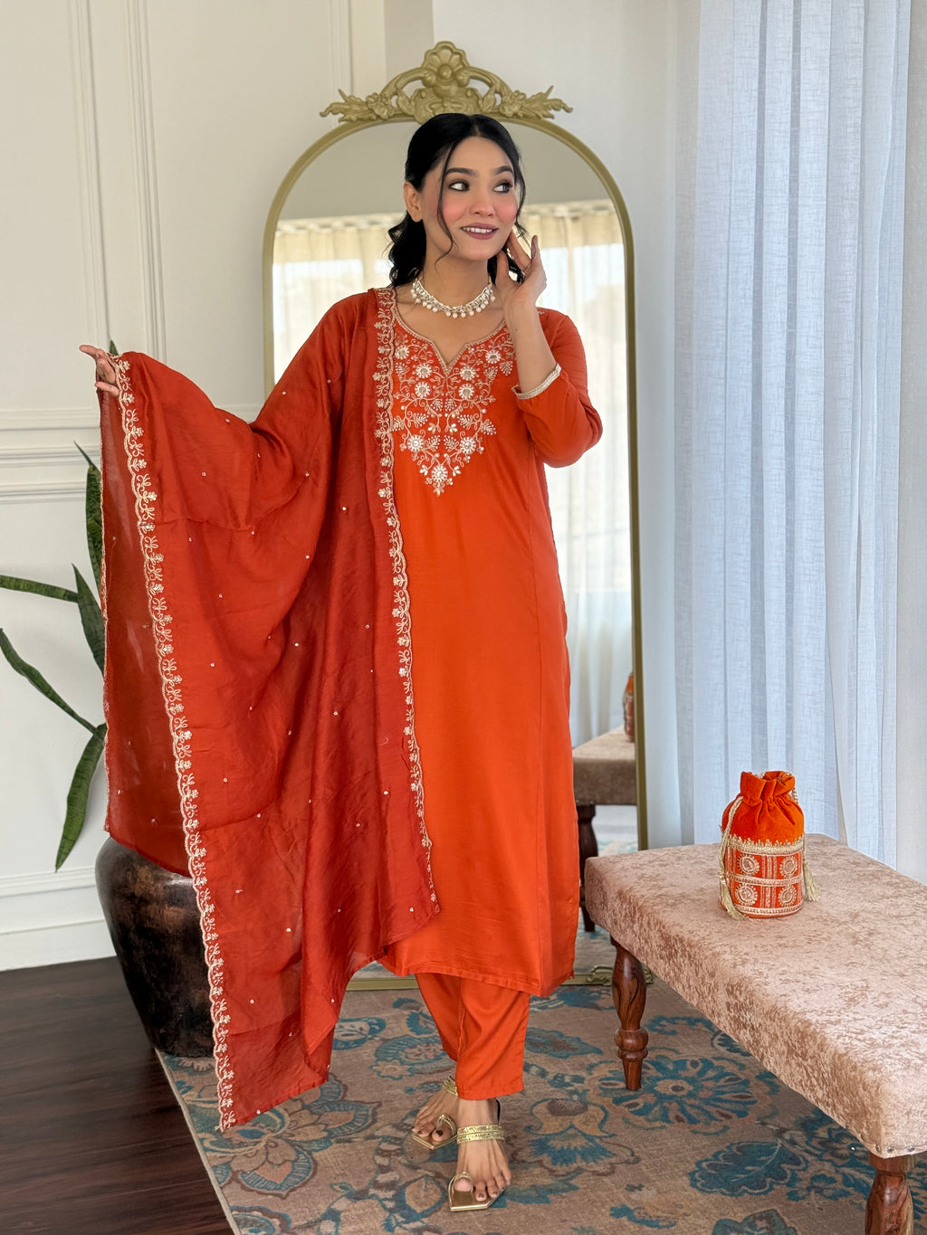 Orange Elegant Viscose Chinon Embroidered Kurta Set with Dupatta